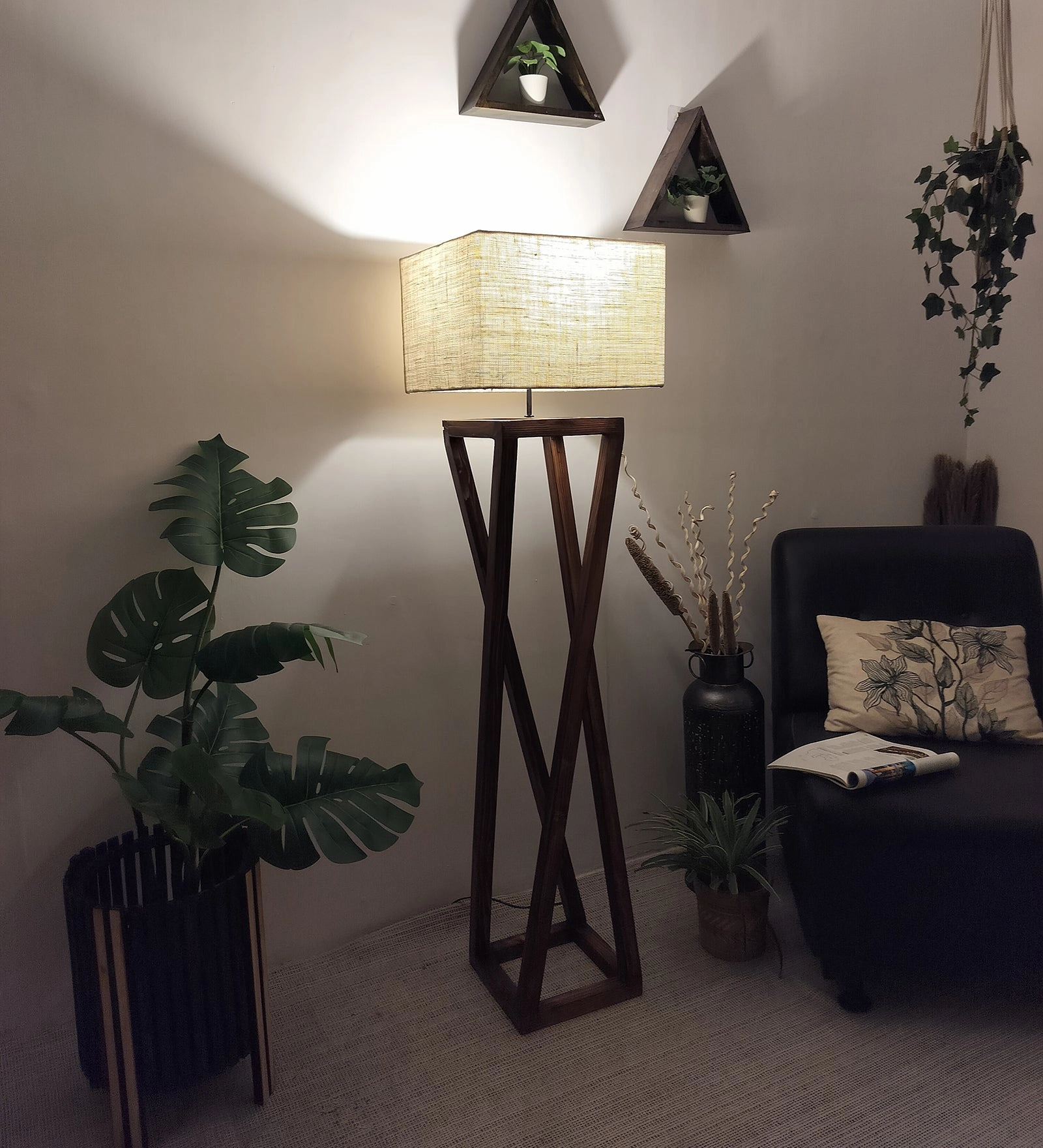Remy Wooden Floor Lamp with Brown Base and Beige Fabric Lampshade (BULB NOT INCLUDED)