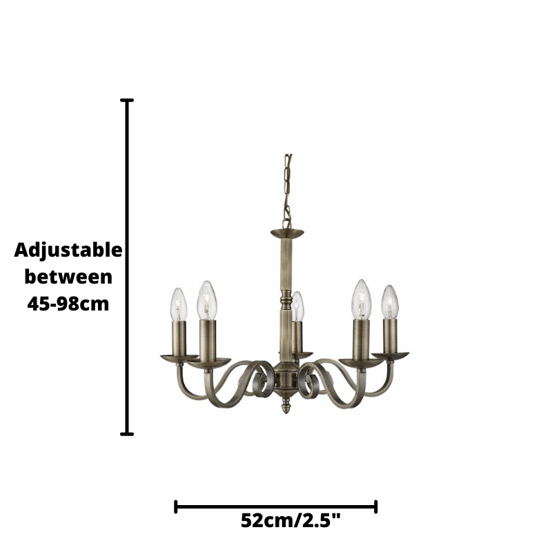 Richmond 5 Light/Scroll Arm Antique Brass Chandelier