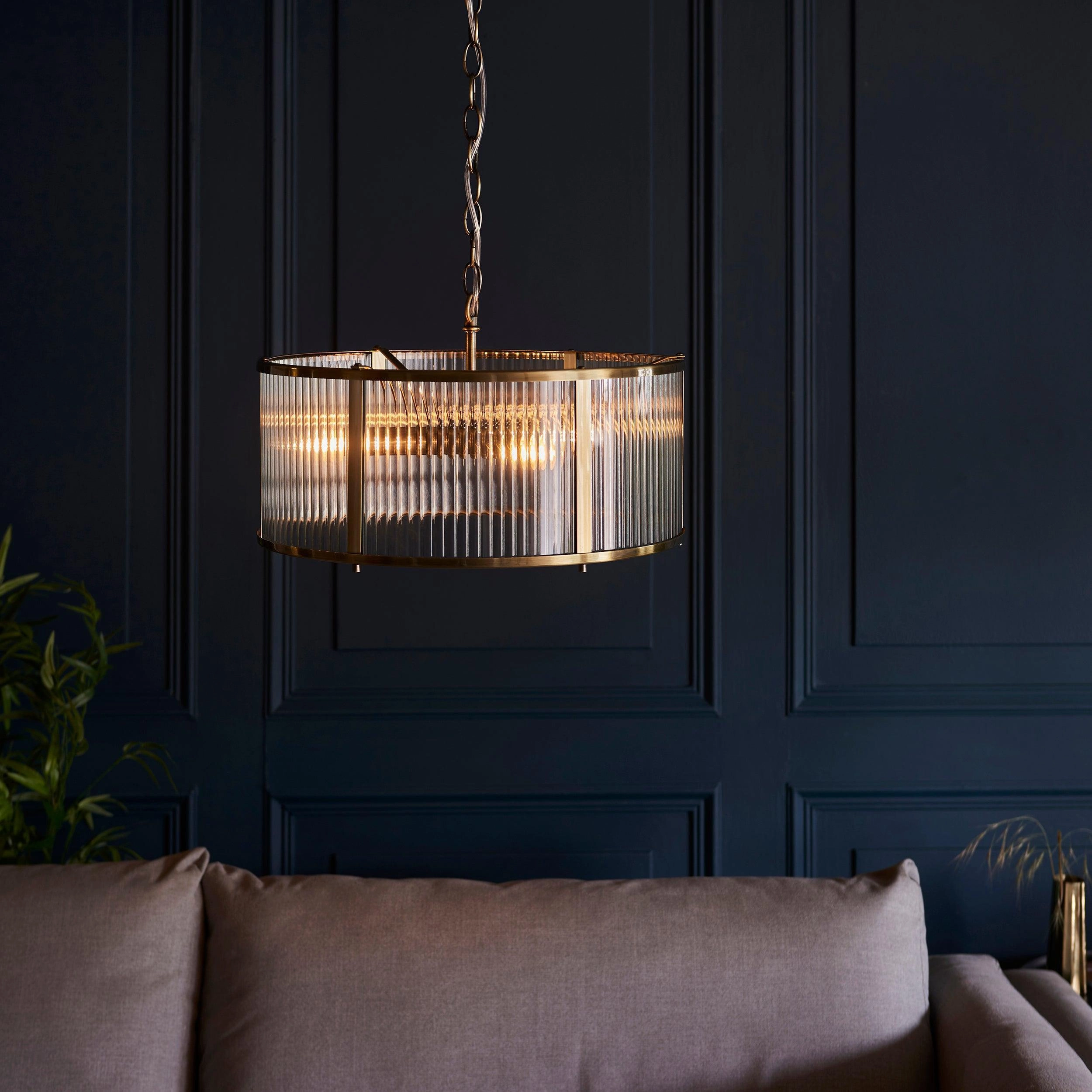 Ridgeton 3 Light Brass & Ribbed Shade Glass Pendant