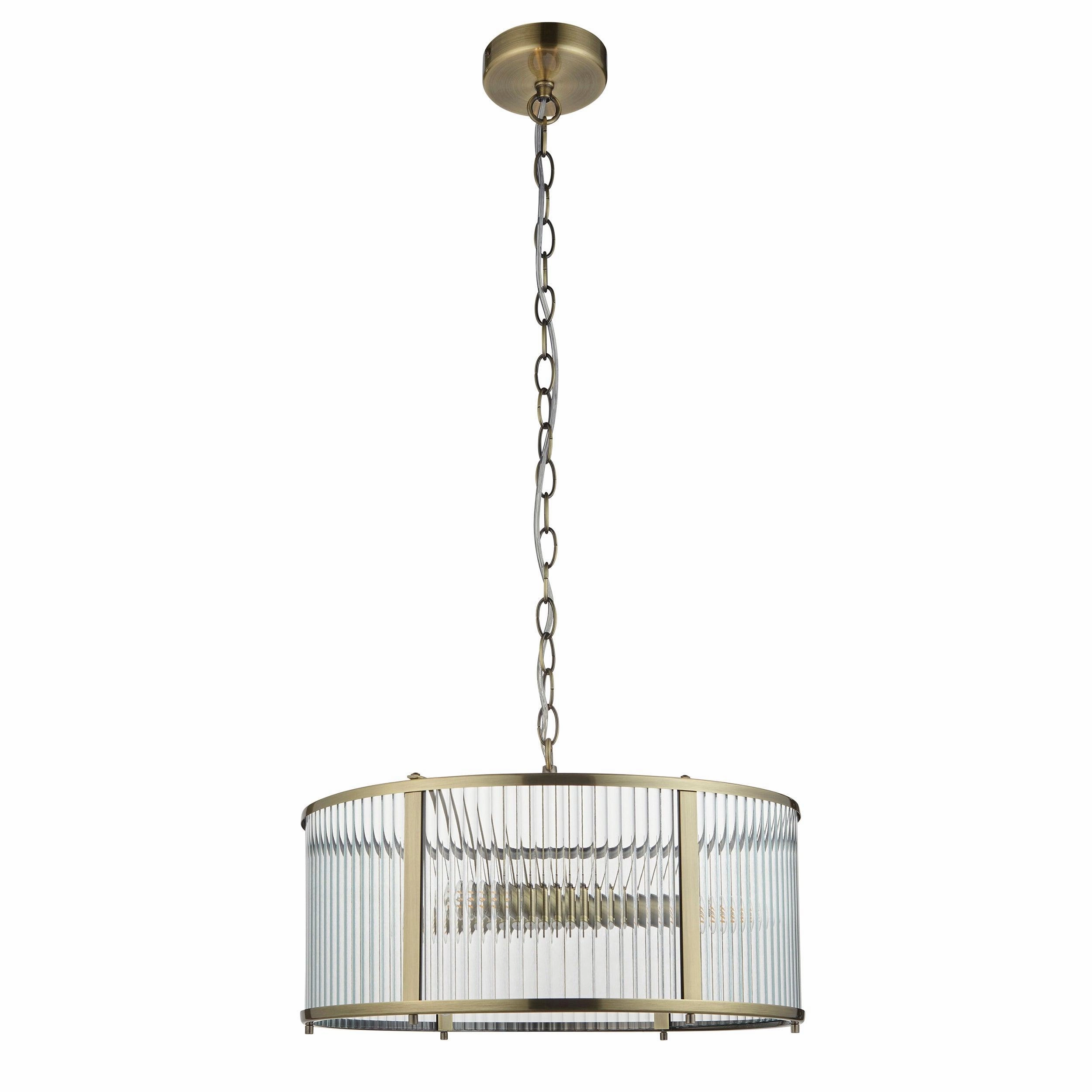 Ridgeton 3 Light Brass & Ribbed Shade Glass Pendant