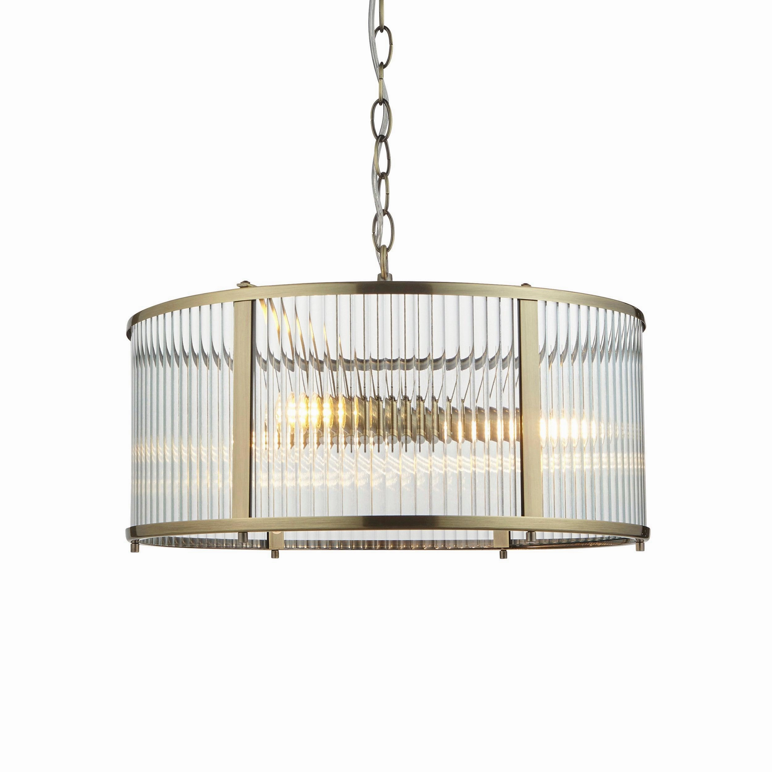 Ridgeton 3 Light Brass & Ribbed Shade Glass Pendant