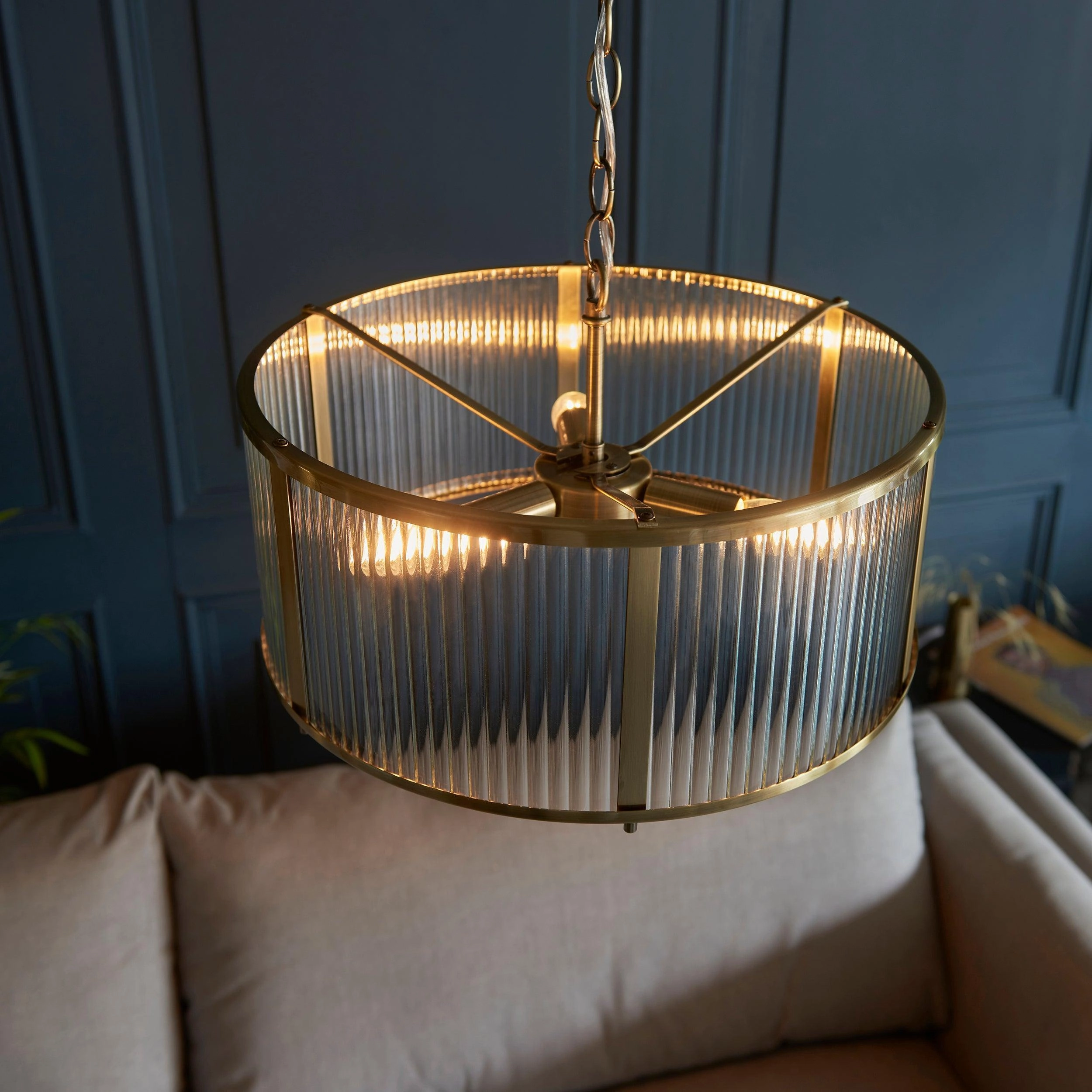 Ridgeton 3 Light Brass & Ribbed Shade Glass Pendant