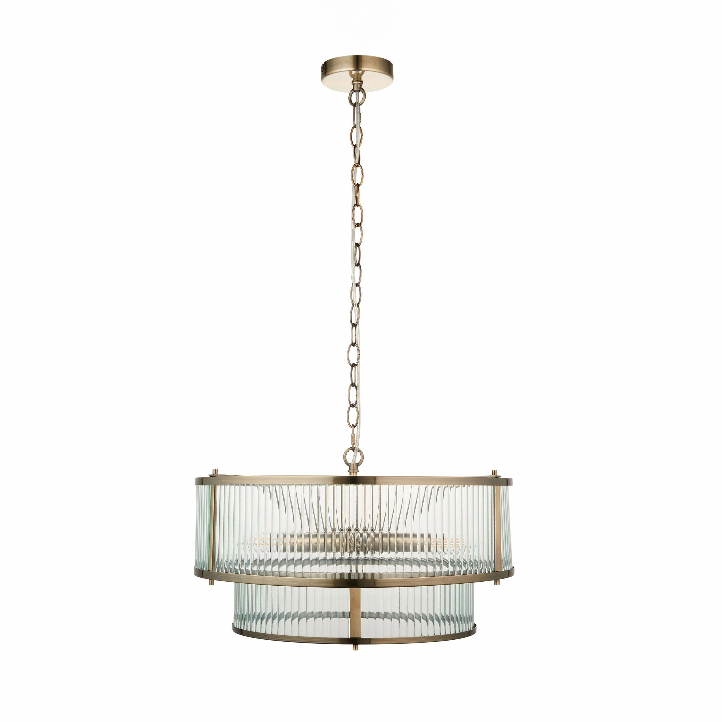 Ridgeton 5 Light Brass & Ribbed Shade Glass Pendant
