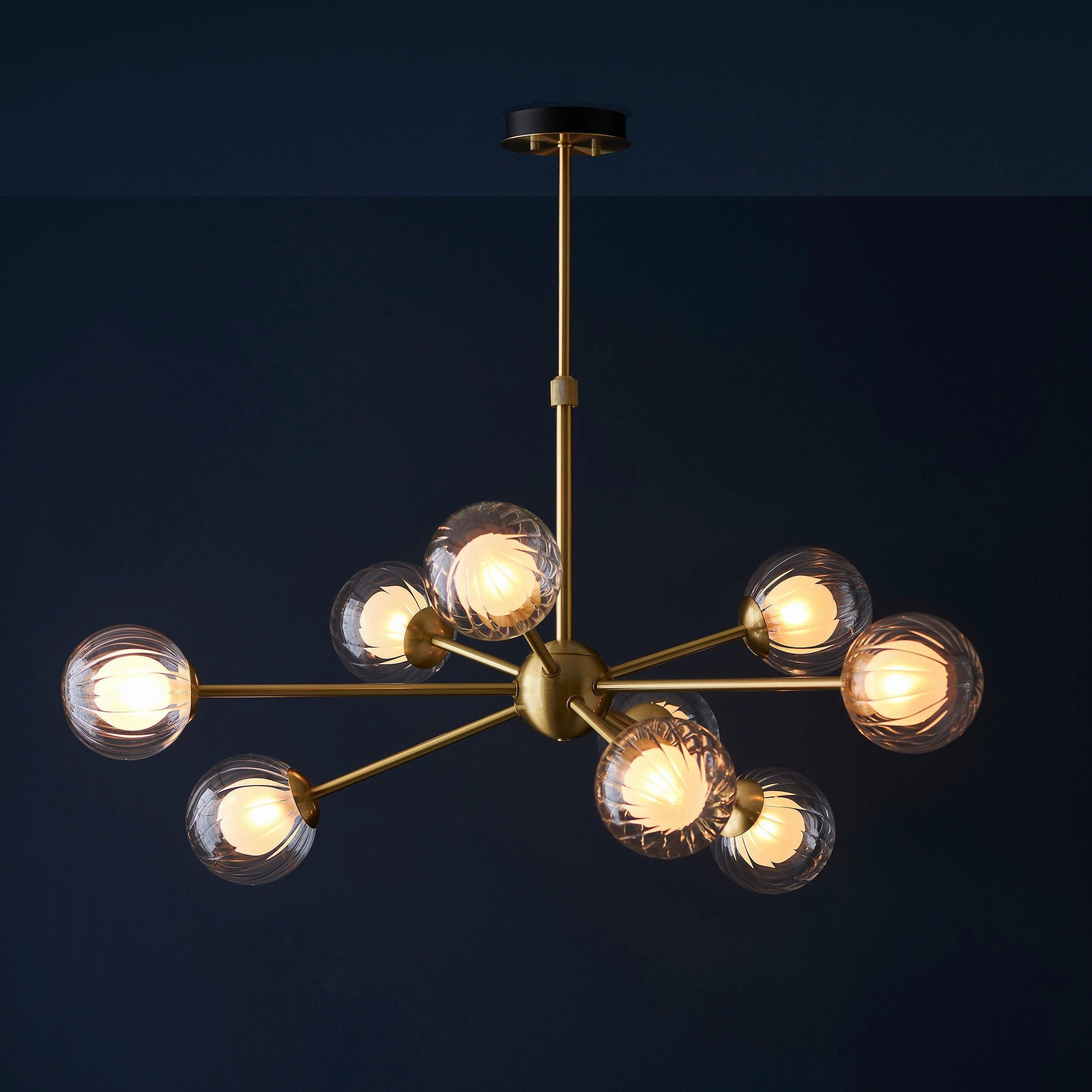 Riviera 9 Light Large Brass Pendant - Ribbed Glass Shades