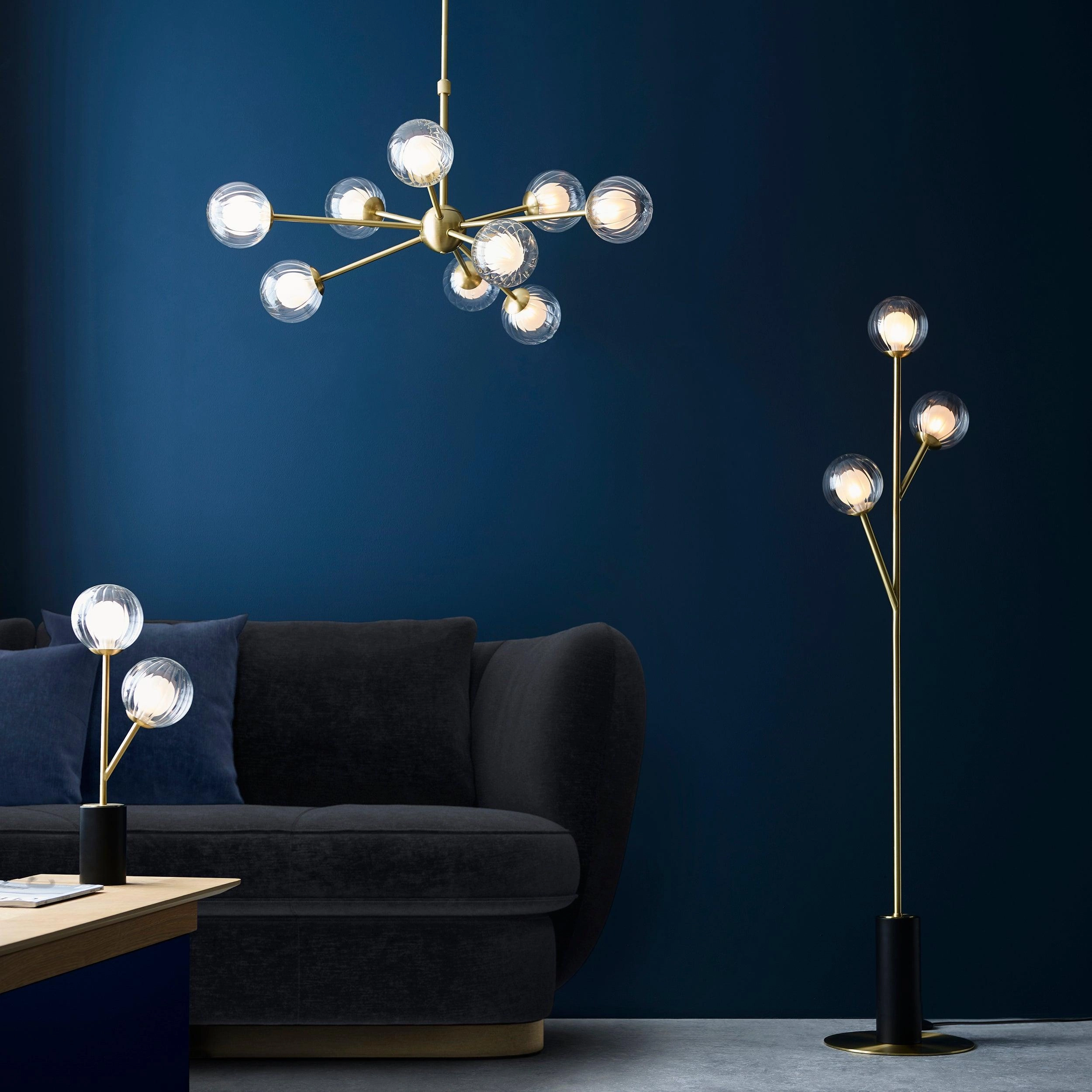 Riviera 9 Light Large Brass Pendant - Ribbed Glass Shades