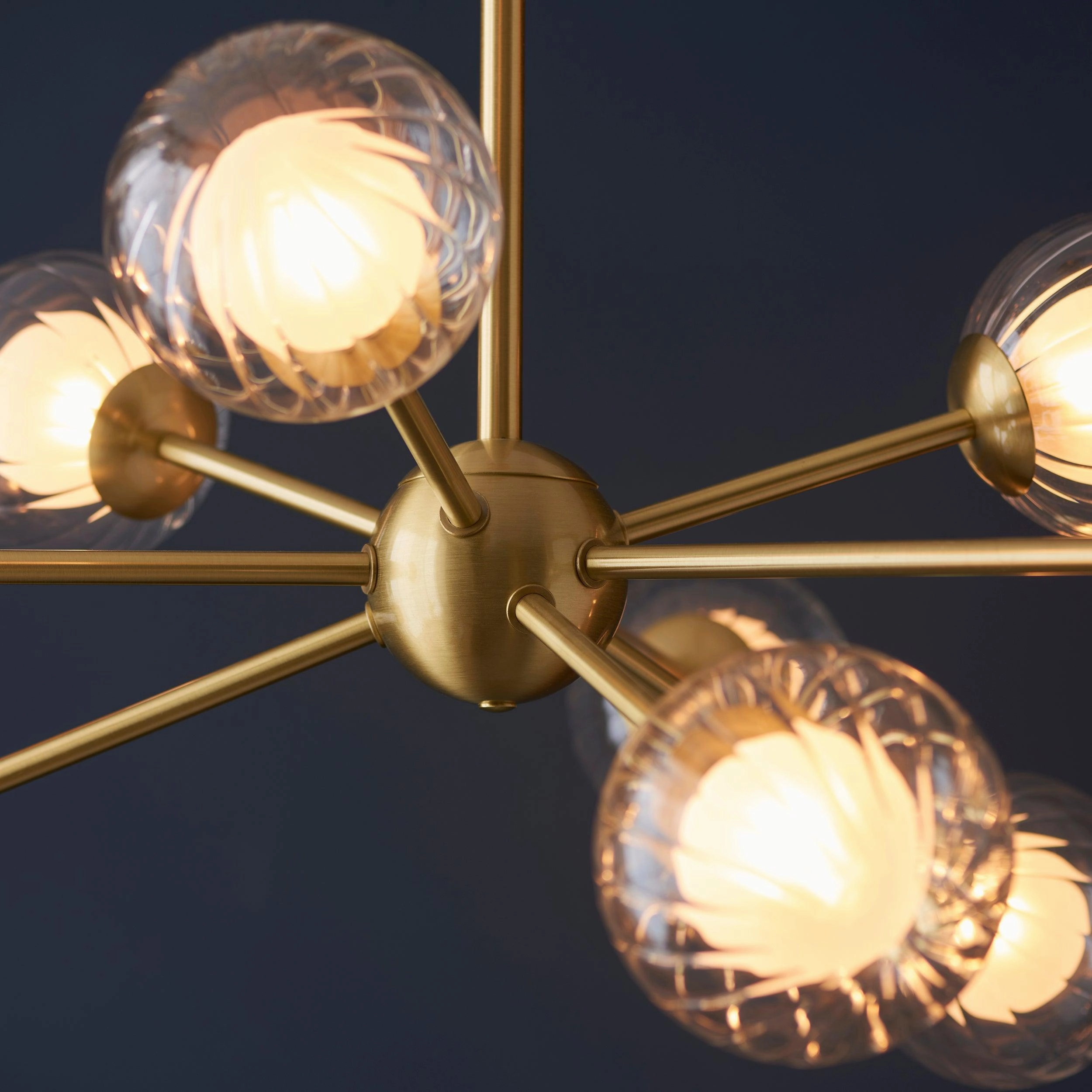 Riviera 9 Light Large Brass Pendant - Ribbed Glass Shades