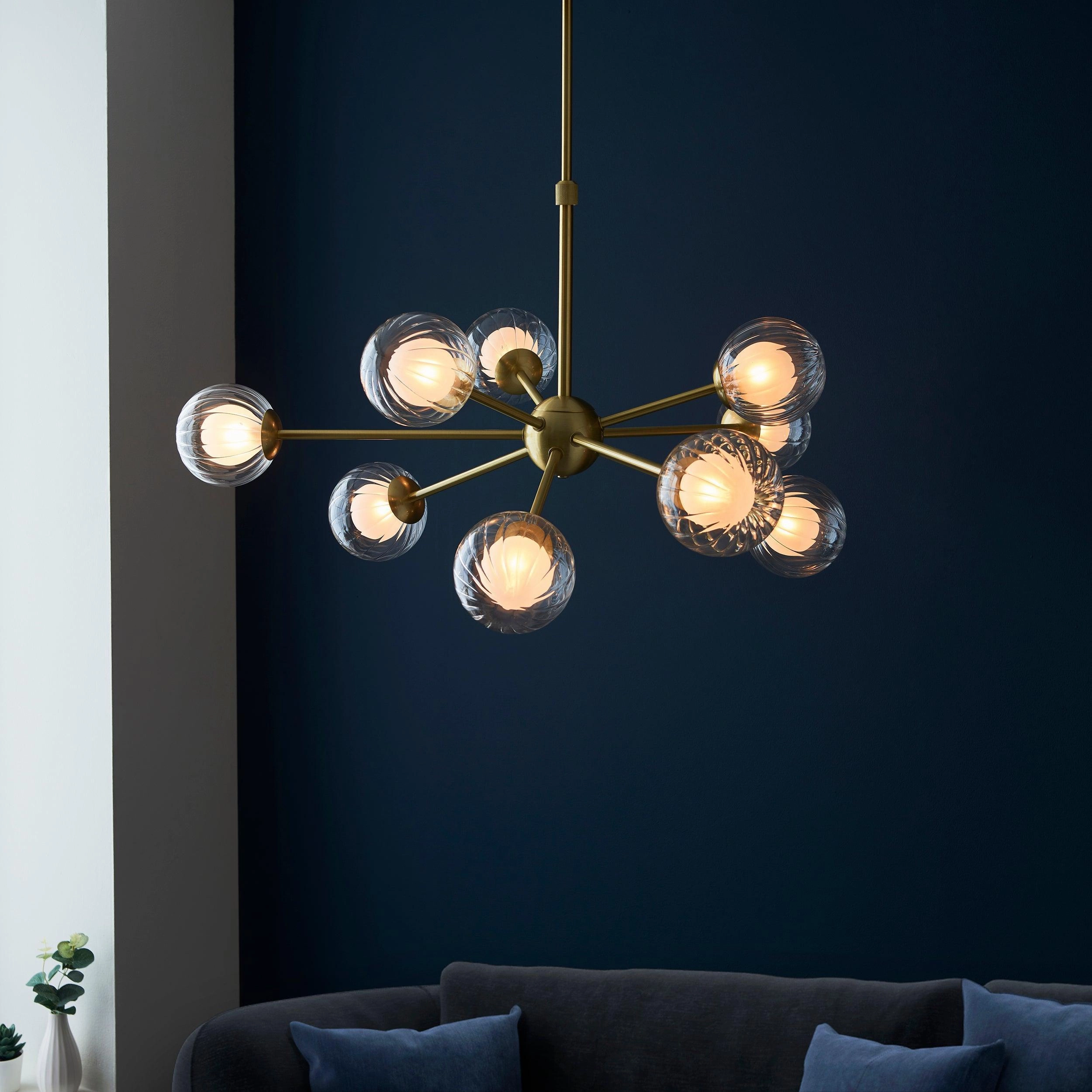 Riviera 9 Light Large Brass Pendant - Ribbed Glass Shades
