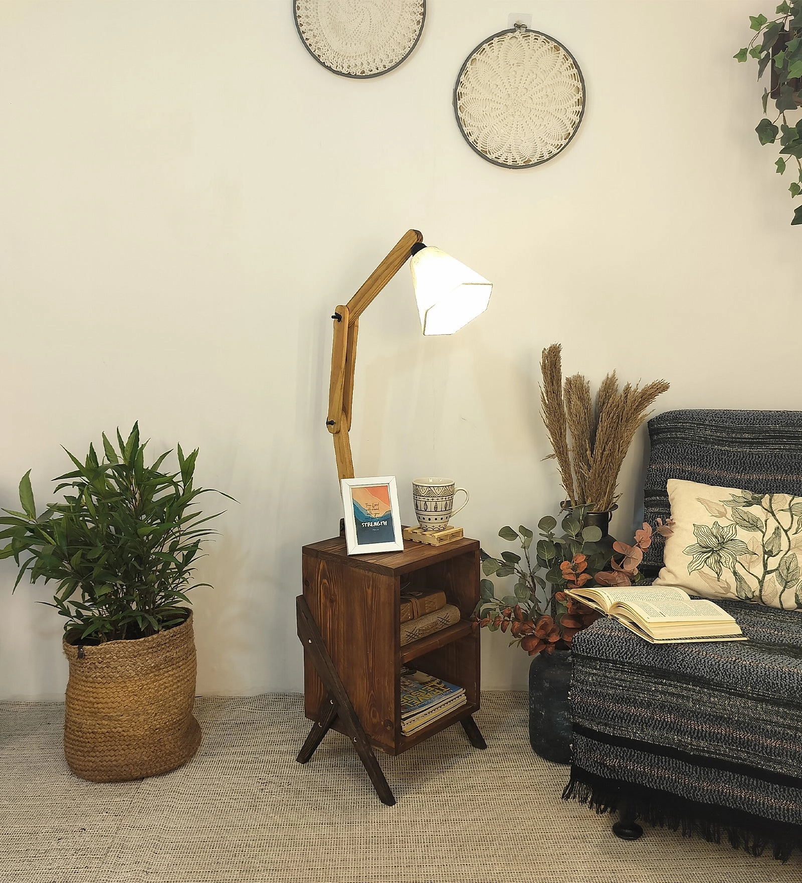 Ronan Wooden Floor Lamp with Brown Base and Jute Fabric Lampshade (BULB NOT INCLUDED) garden LED light