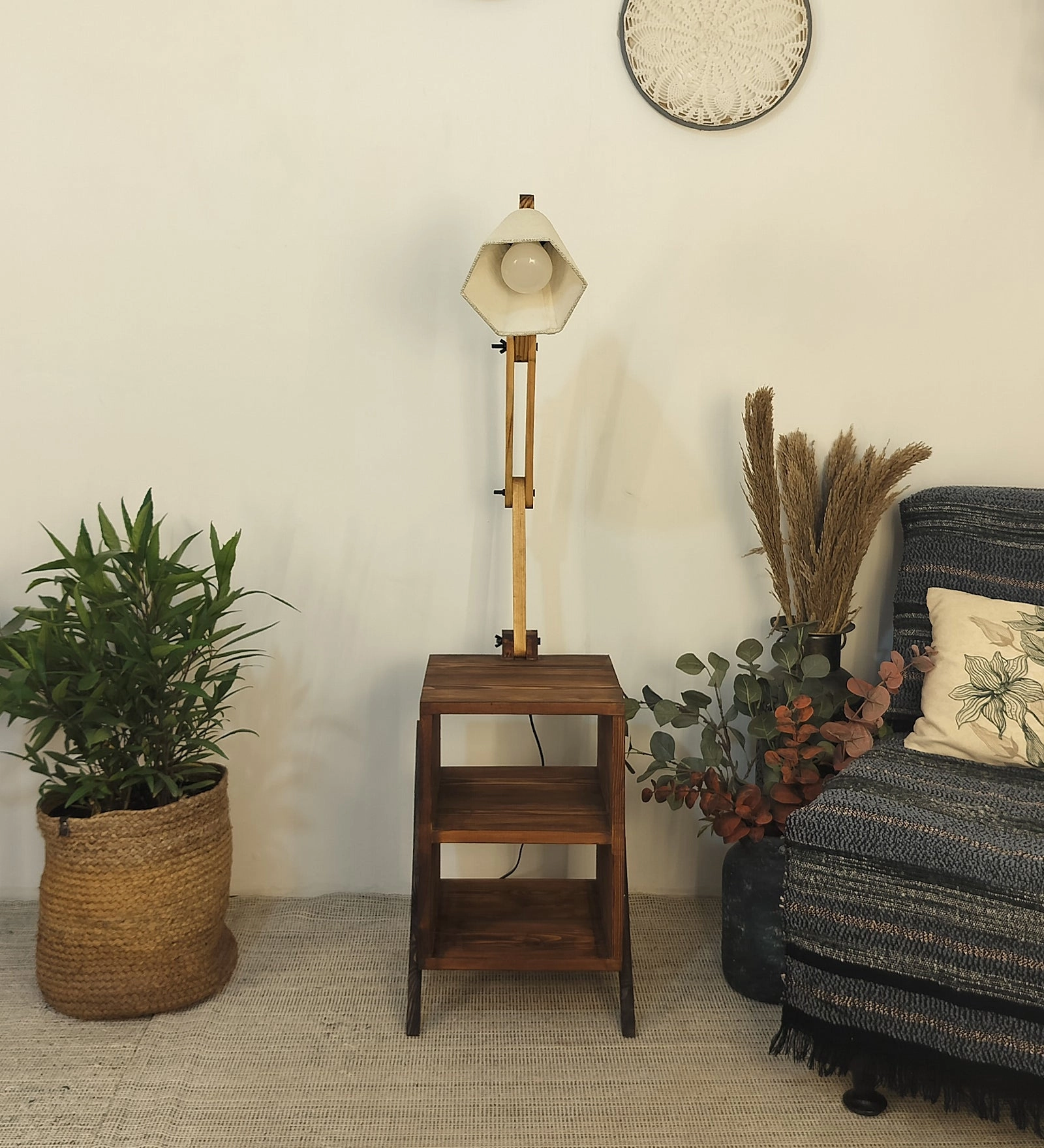 Ronan Wooden Floor Lamp with Brown Base and Jute Fabric Lampshade (BULB NOT INCLUDED)