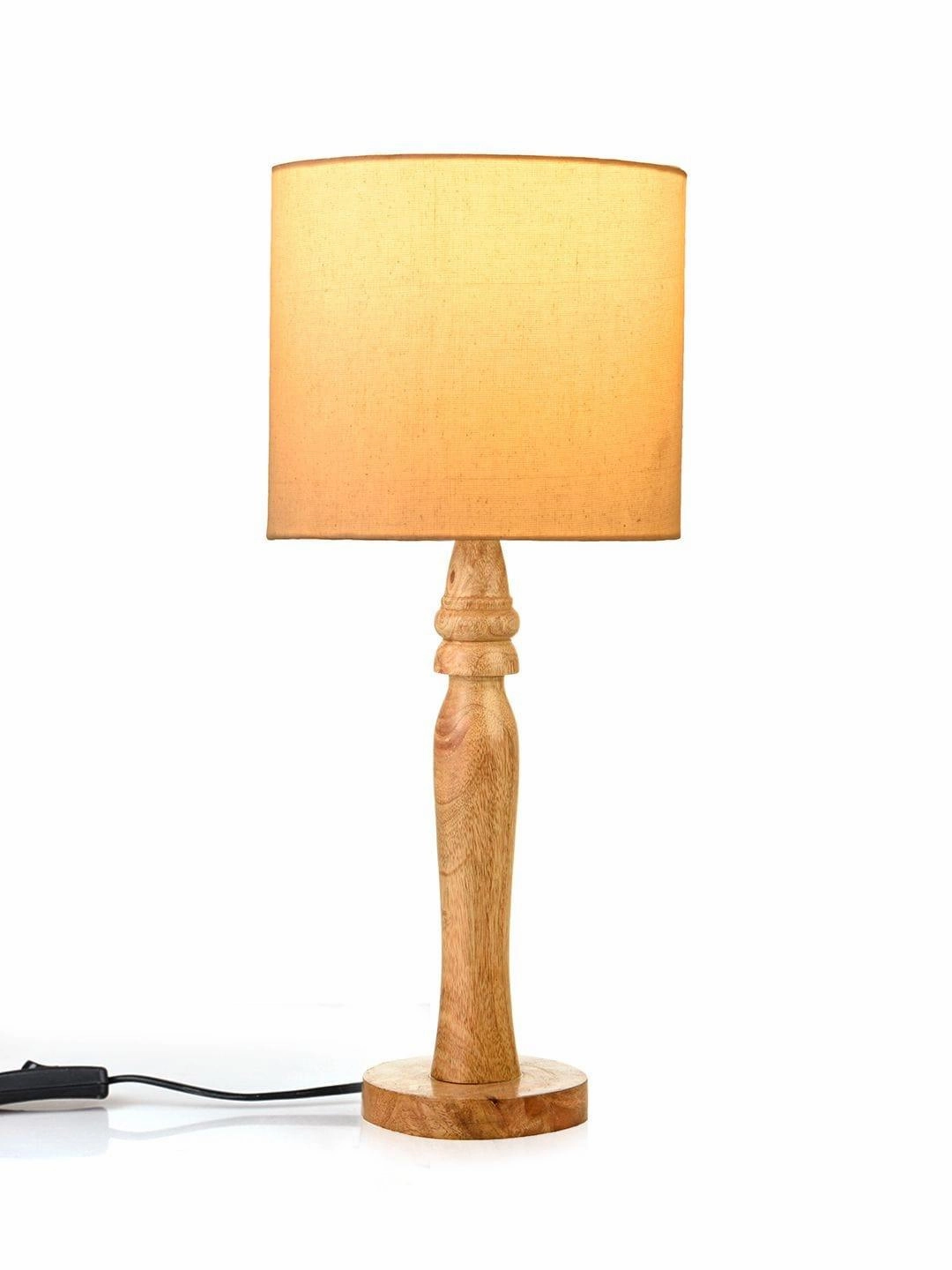 Round Brown Lamp with Taper Off White Cotton Shade