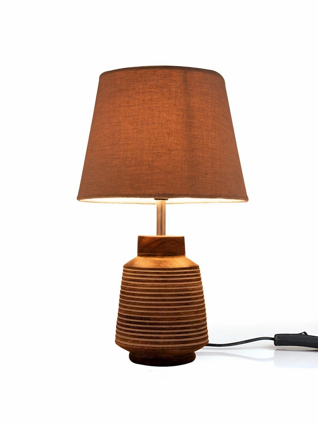 Rustic Ridged Wooden Lamp with Samre Brown Shade
