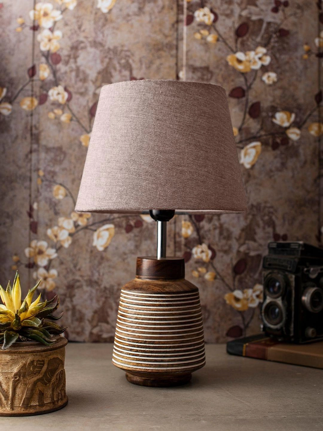 Rustic Ridged Wooden Lamp with Samre Brown Shade Louis Poulsen chandelier