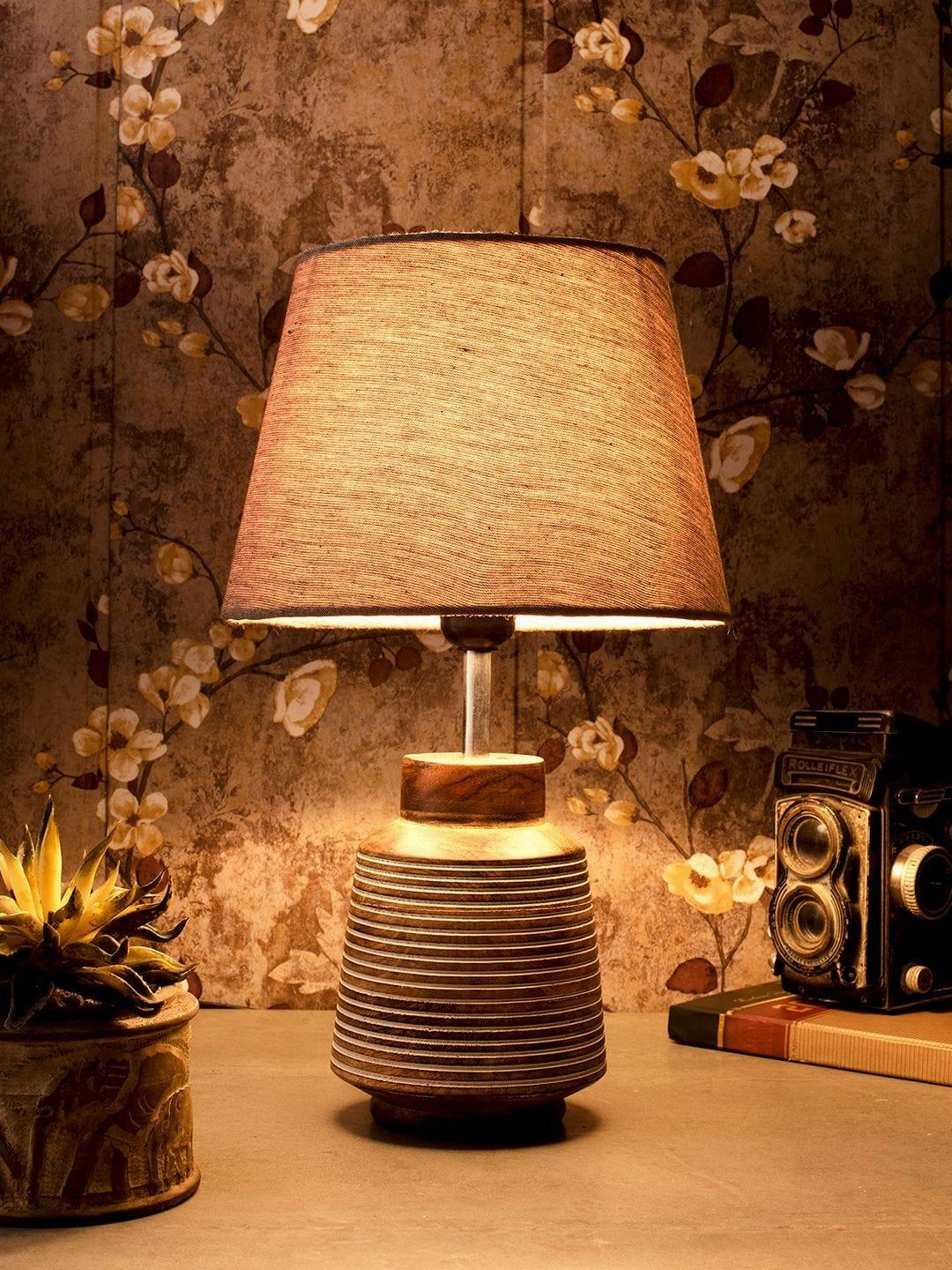 Rustic Ridged Wooden Lamp with Samre Brown Shade