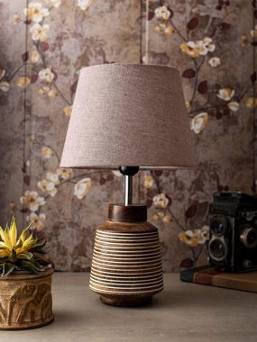 Rustic Ridged Wooden Lamp with Samre Brown Shade Louis Poulsen chandelier