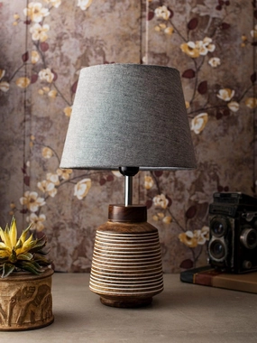 Rustic Ridged Wooden Lamp with Samre Grey Shade Louis Poulsen chandelier
