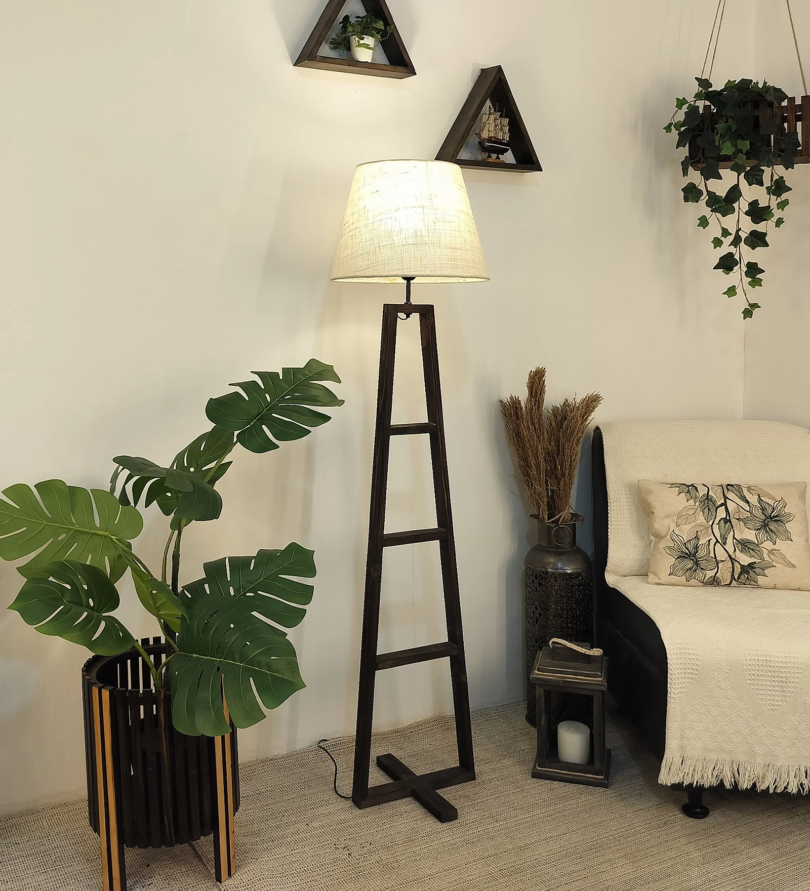 Salita Wooden Floor Lamp with Brown Base and Beige Fabric Lampshade (BULB NOT INCLUDED) garden LED light