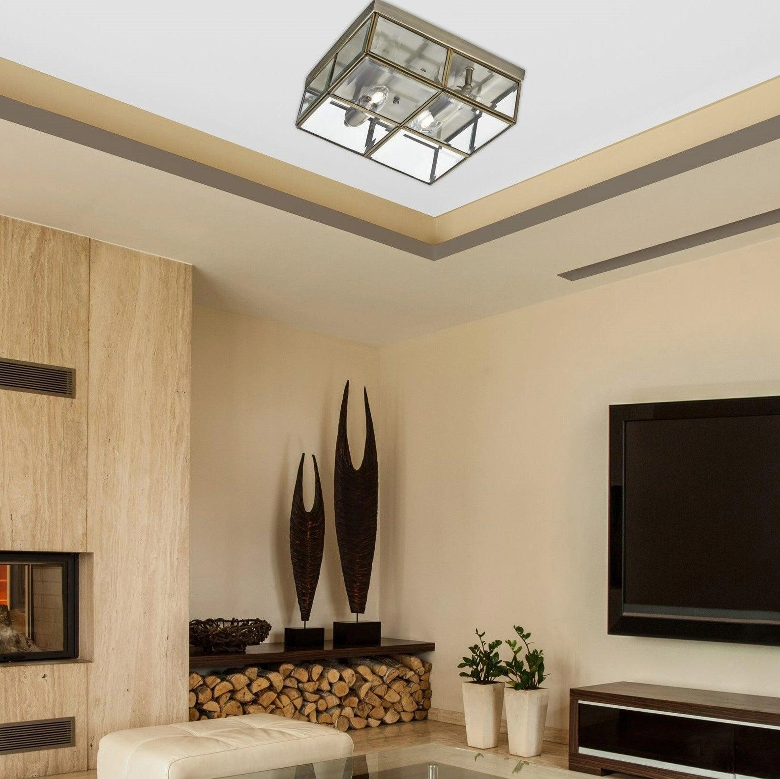 Searchlight Brass & Bevelled Glass Square Flush Ceiling Light