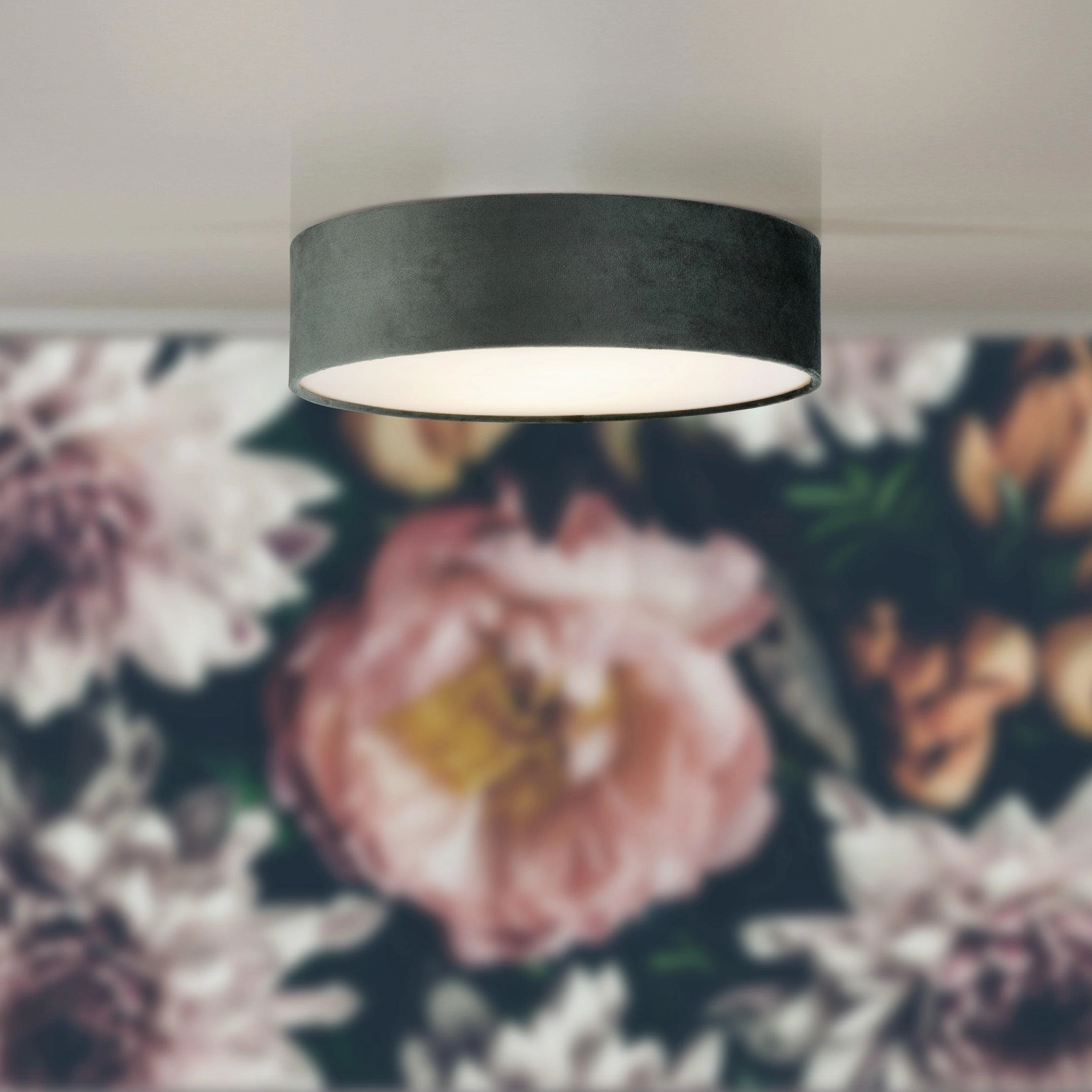 Searchlight Drum 2 Light Ceiling Flush - Grey Velvet Shade