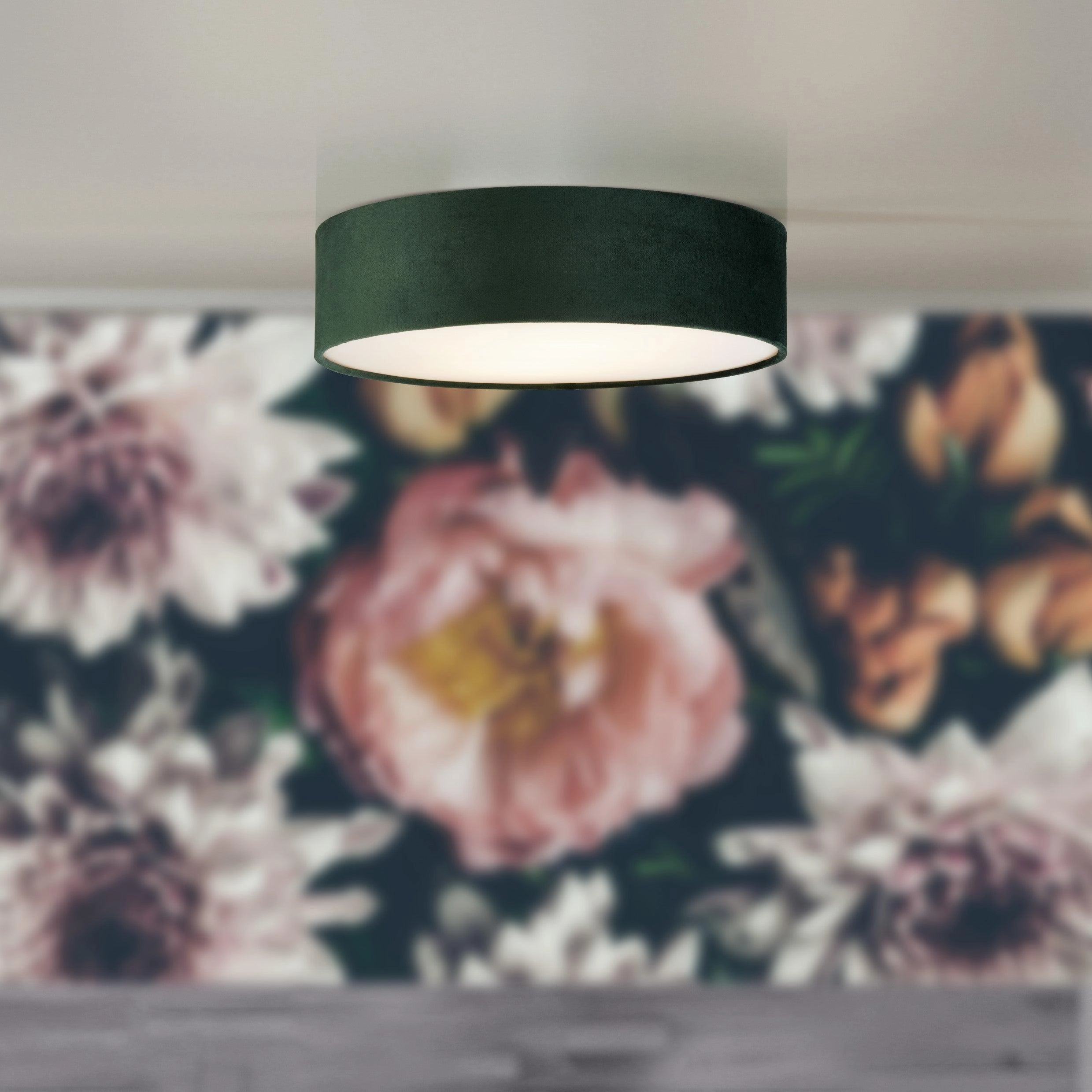 Searchlight Drum 3 Light Ceiling Flush - Green Velvet Shade