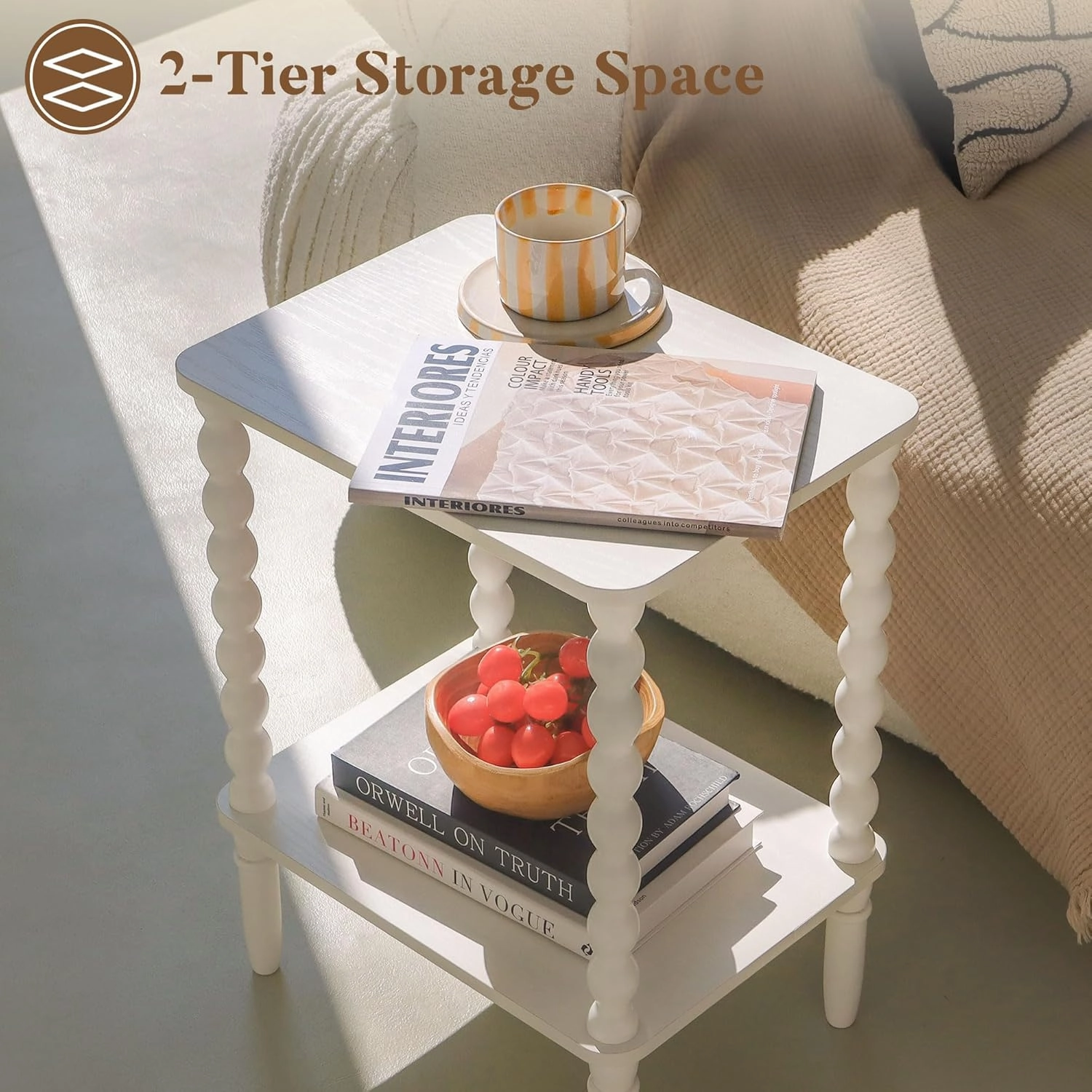 Side Table, Small End Table with Storage Shelf, 2-Tier Small Coffee Tables Living Room for Bedroom, Narrow Spaces (Rustic Brown)