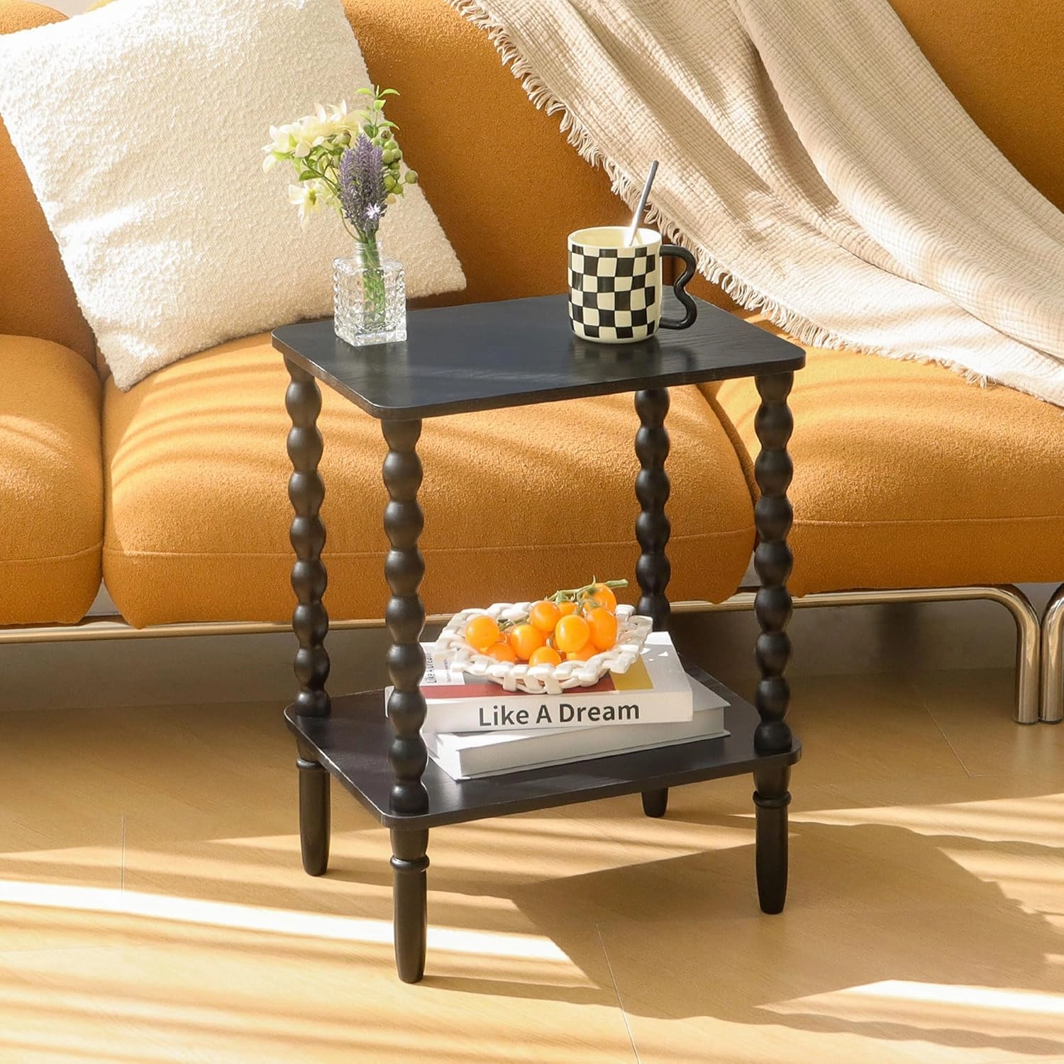 Side Table, Small End Table with Storage Shelf, 2-Tier Small Coffee Tables Living Room for Bedroom, Narrow Spaces (Rustic Brown)