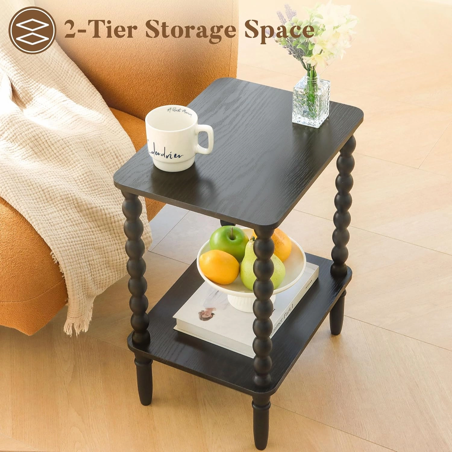 Side Table, Small End Table with Storage Shelf, 2-Tier Small Coffee Tables Living Room for Bedroom, Narrow Spaces (Rustic Brown)