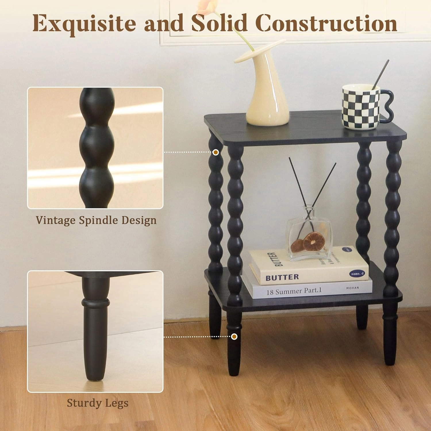 Side Table, Small End Table with Storage Shelf, 2-Tier Small Coffee Tables Living Room for Bedroom, Narrow Spaces (Rustic Brown)