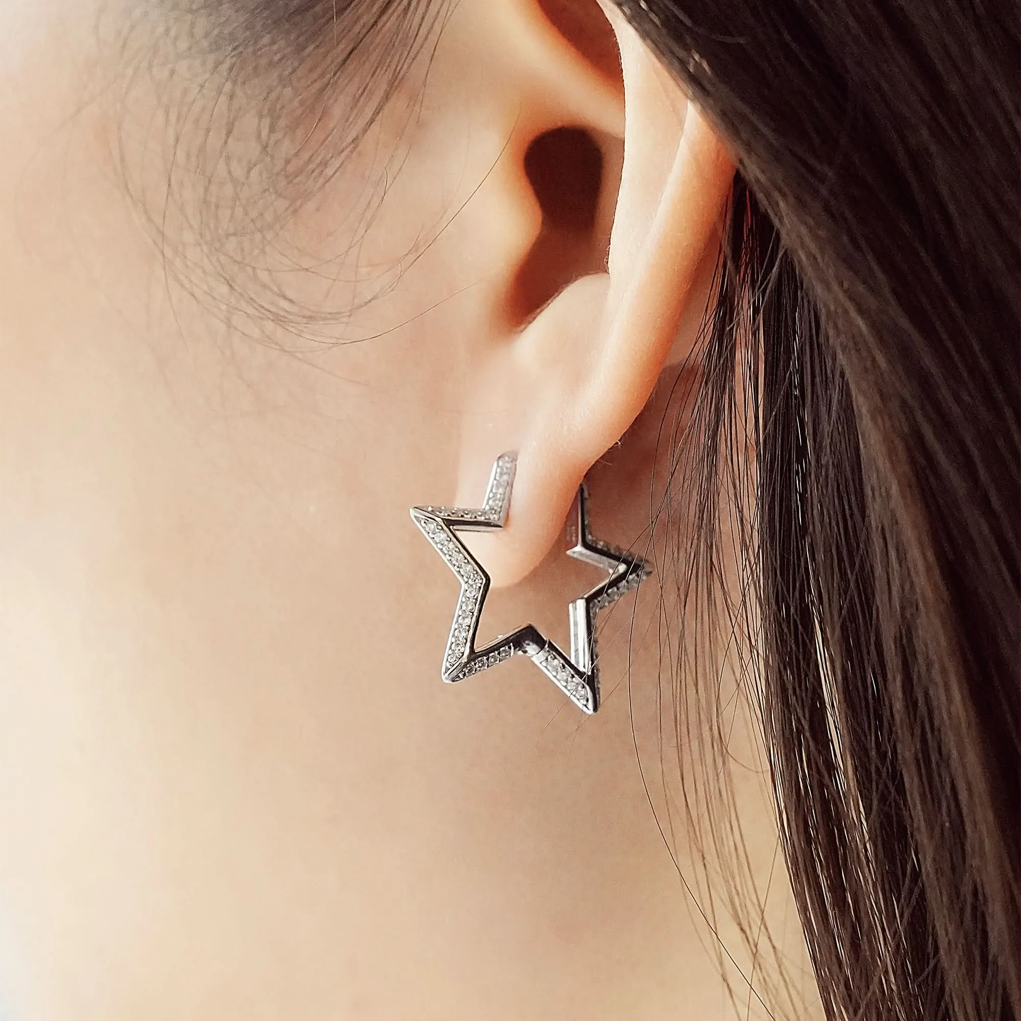 Silver Medium Star Pavé Hoop Earrings E064-05H Ania Haie Jewellery