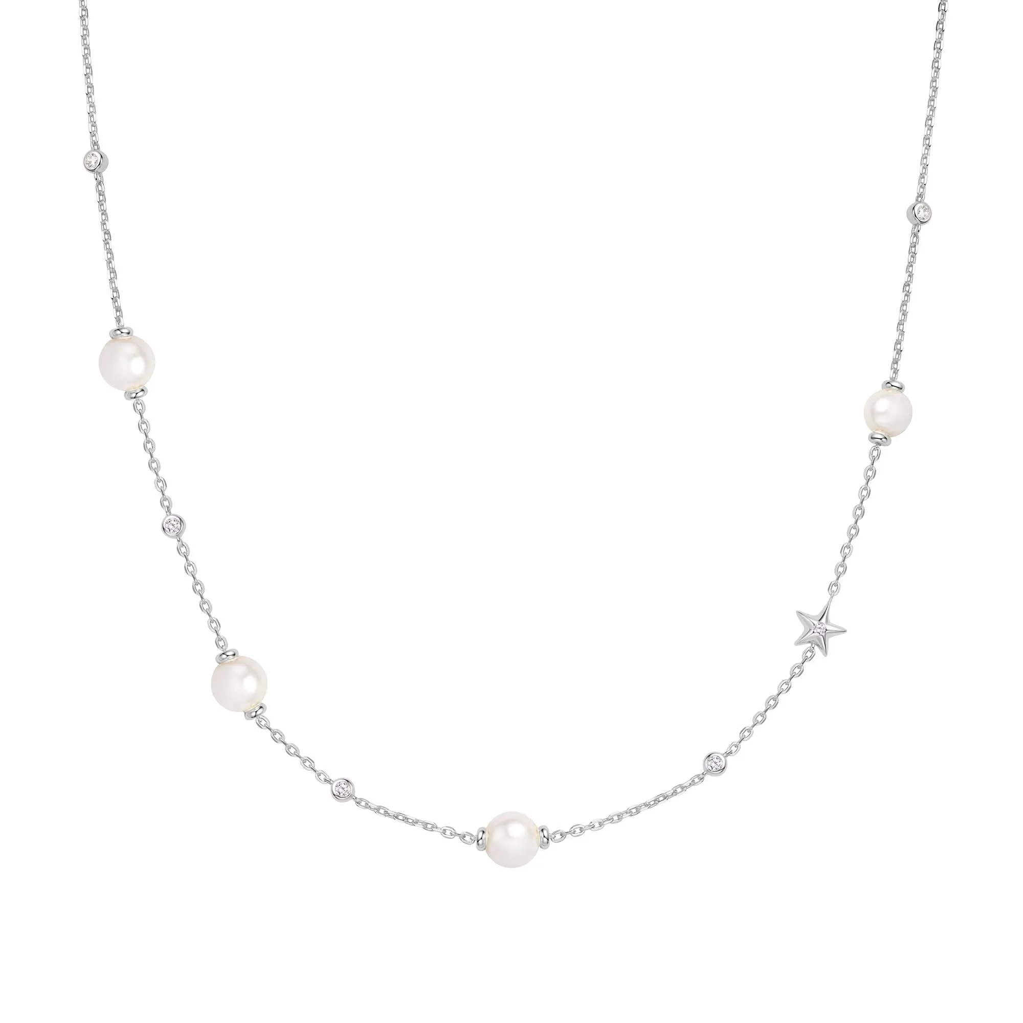 Silver Pearl and Star Station Necklace N065-09H Ania Haie Jewellery