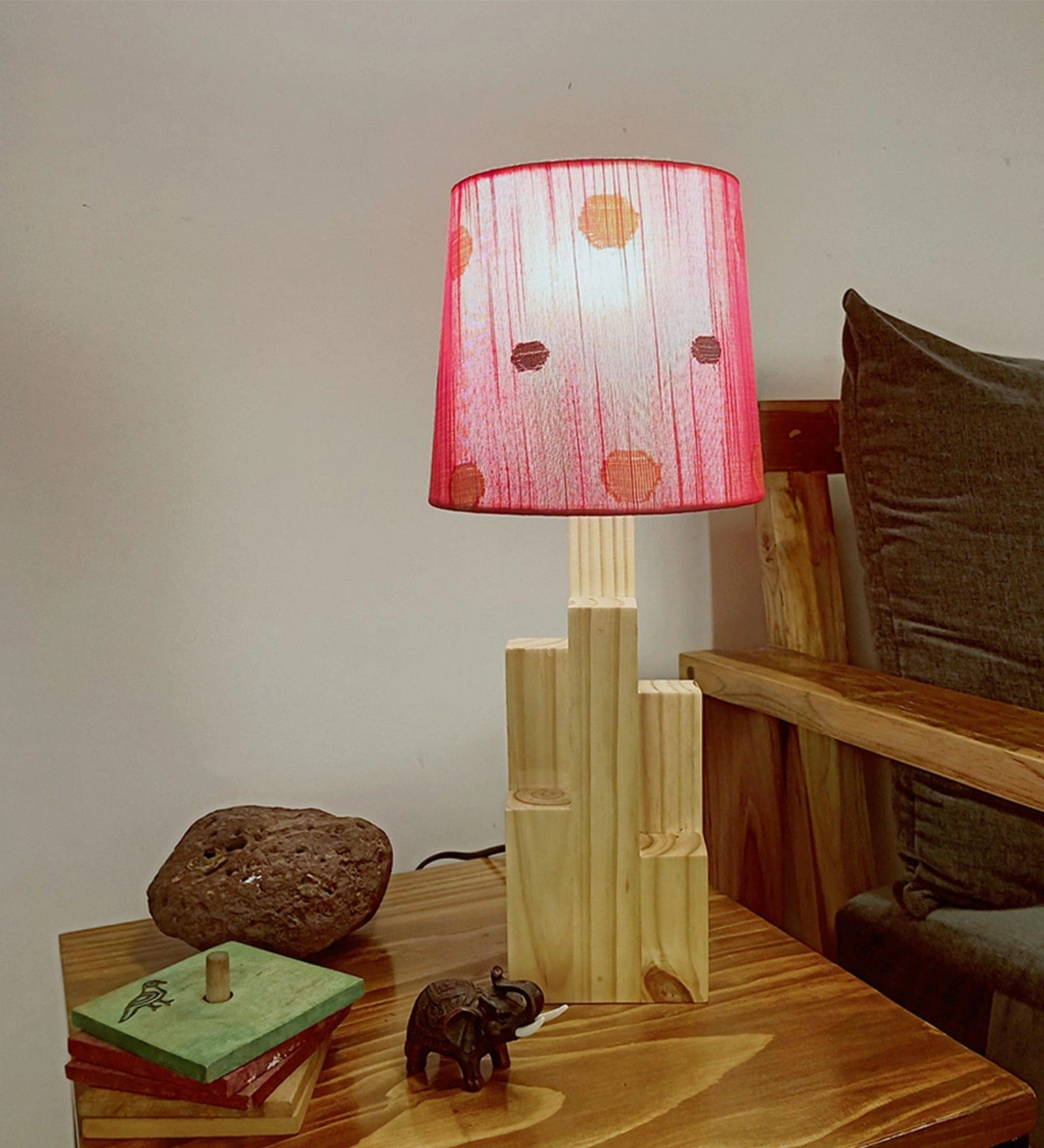 Skyline Beige Wooden Table Lamp with Red Printed Fabric Lampshade (BULB NOT INCLUDED)