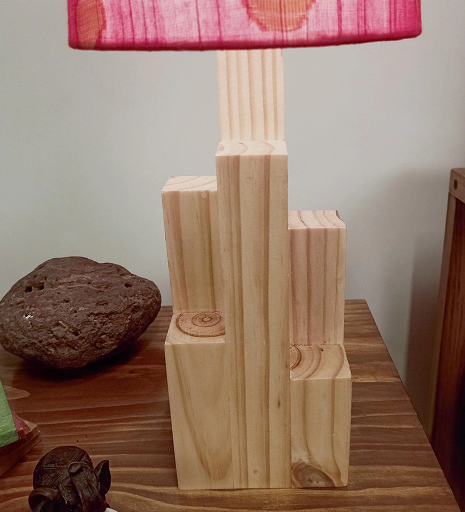 Skyline Beige Wooden Table Lamp with Red Printed Fabric Lampshade (BULB NOT INCLUDED)