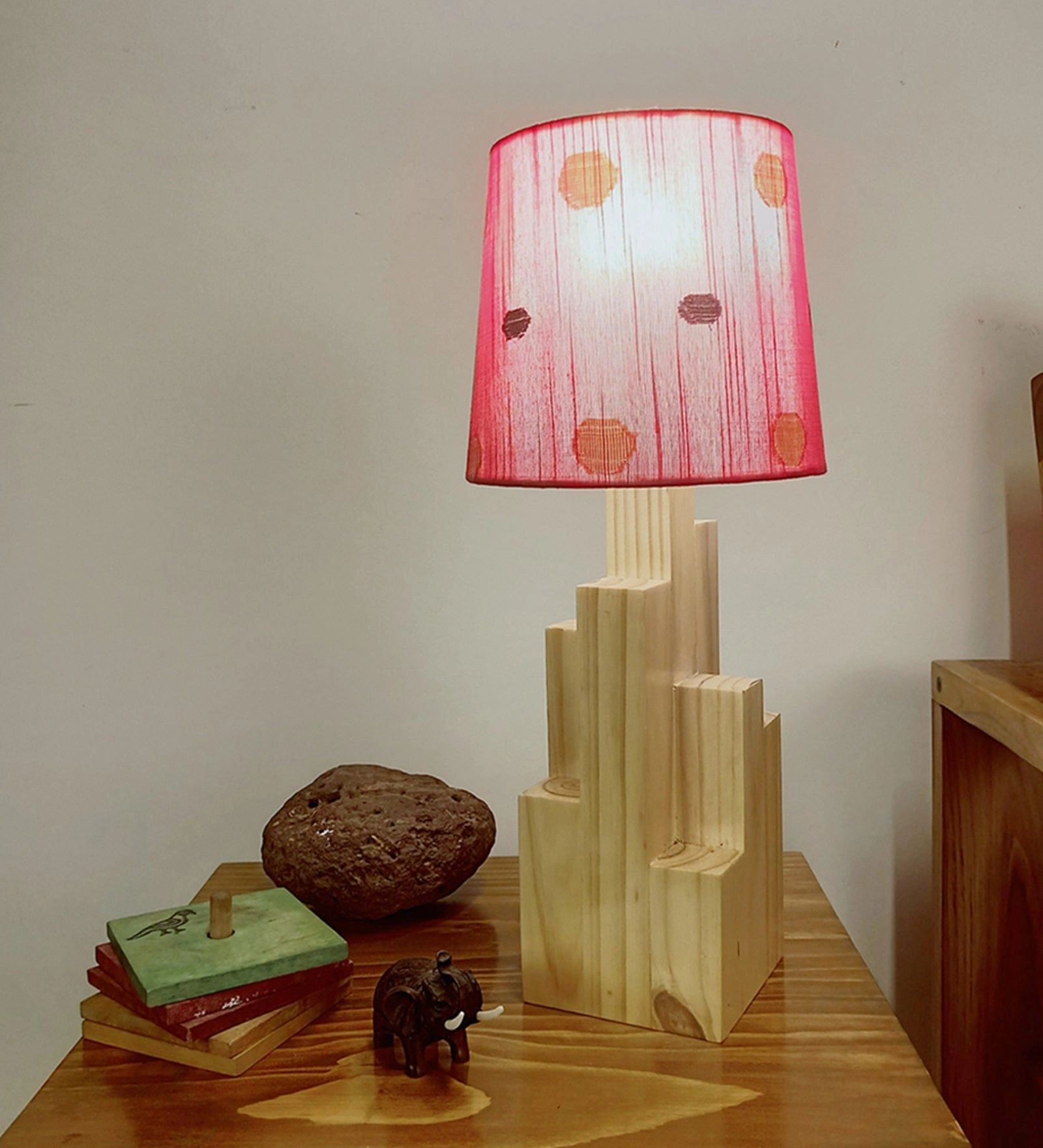 Skyline Beige Wooden Table Lamp with Red Printed Fabric Lampshade (BULB NOT INCLUDED)