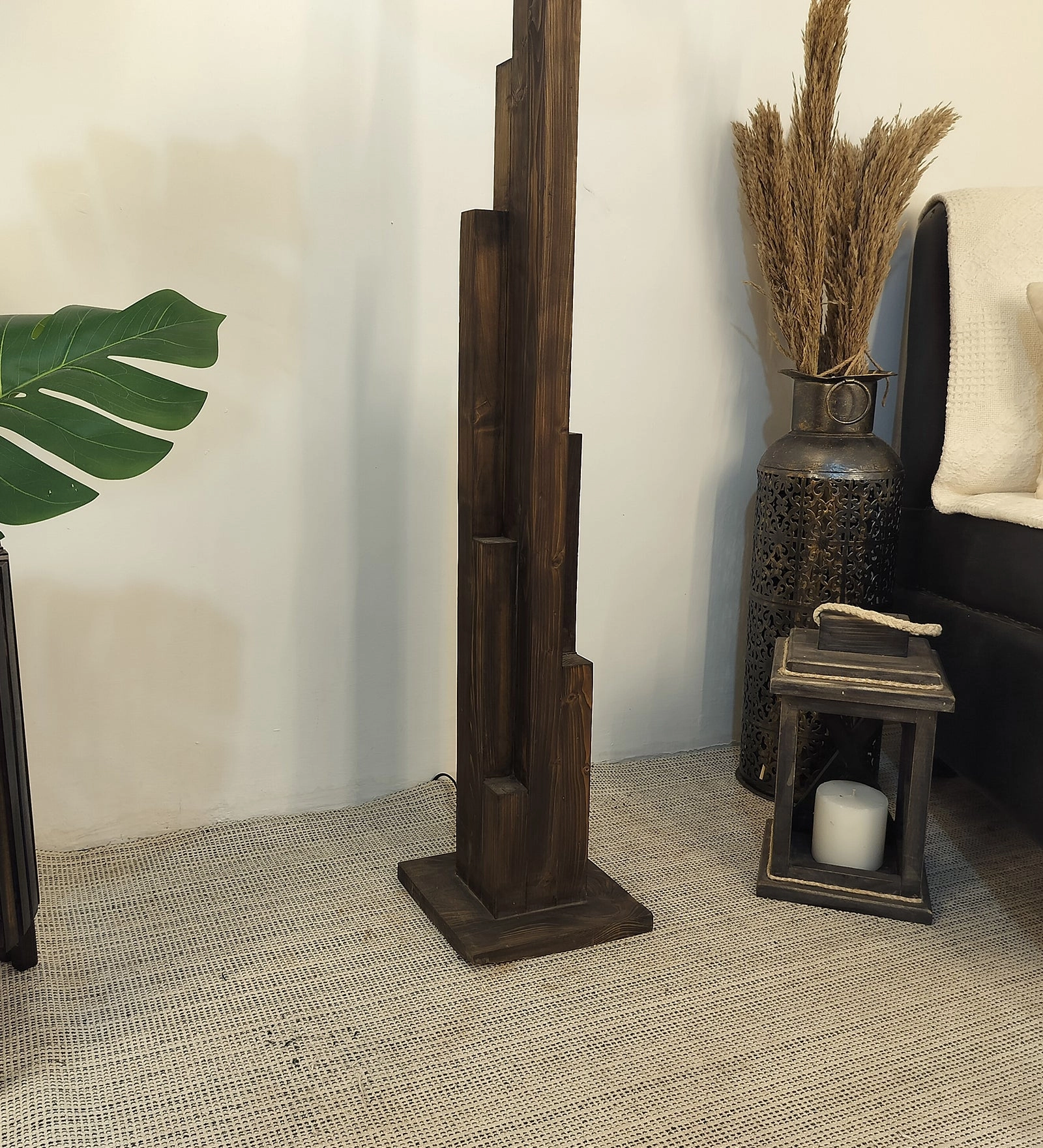 Skyline Wooden Floor Lamp with Brown Base and Yellow Printed Fabric Lampshade