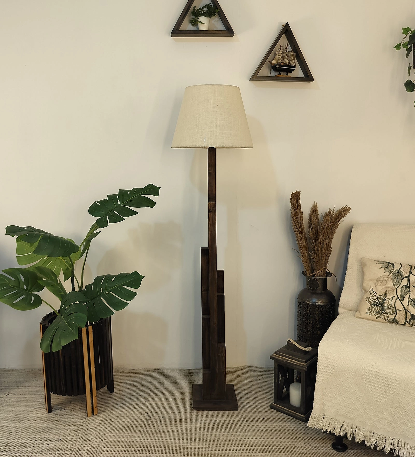 Skyline Wooden Floor Lamp with Brown Base and Yellow Printed Fabric Lampshade garden LED light