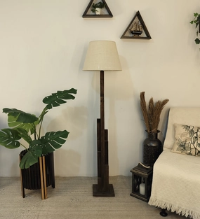 Skyline Wooden Floor Lamp with Brown Base and Yellow Printed Fabric Lampshade garden LED light
