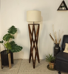 Spectre Wooden Floor Lamp with Brown Base and Jute Fabric Lampshade garden LED light