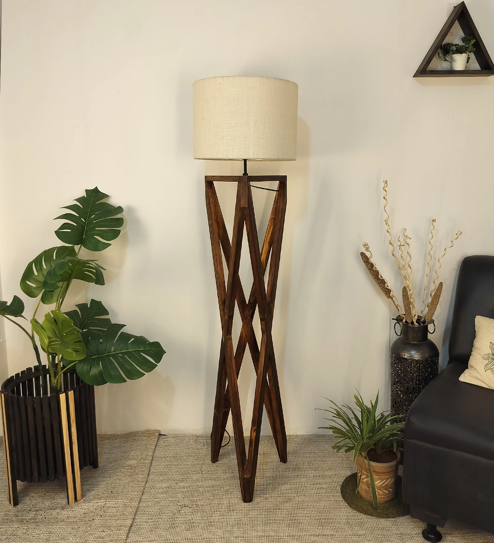 Spectre Wooden Floor Lamp with Brown Base and Jute Fabric Lampshade garden LED light