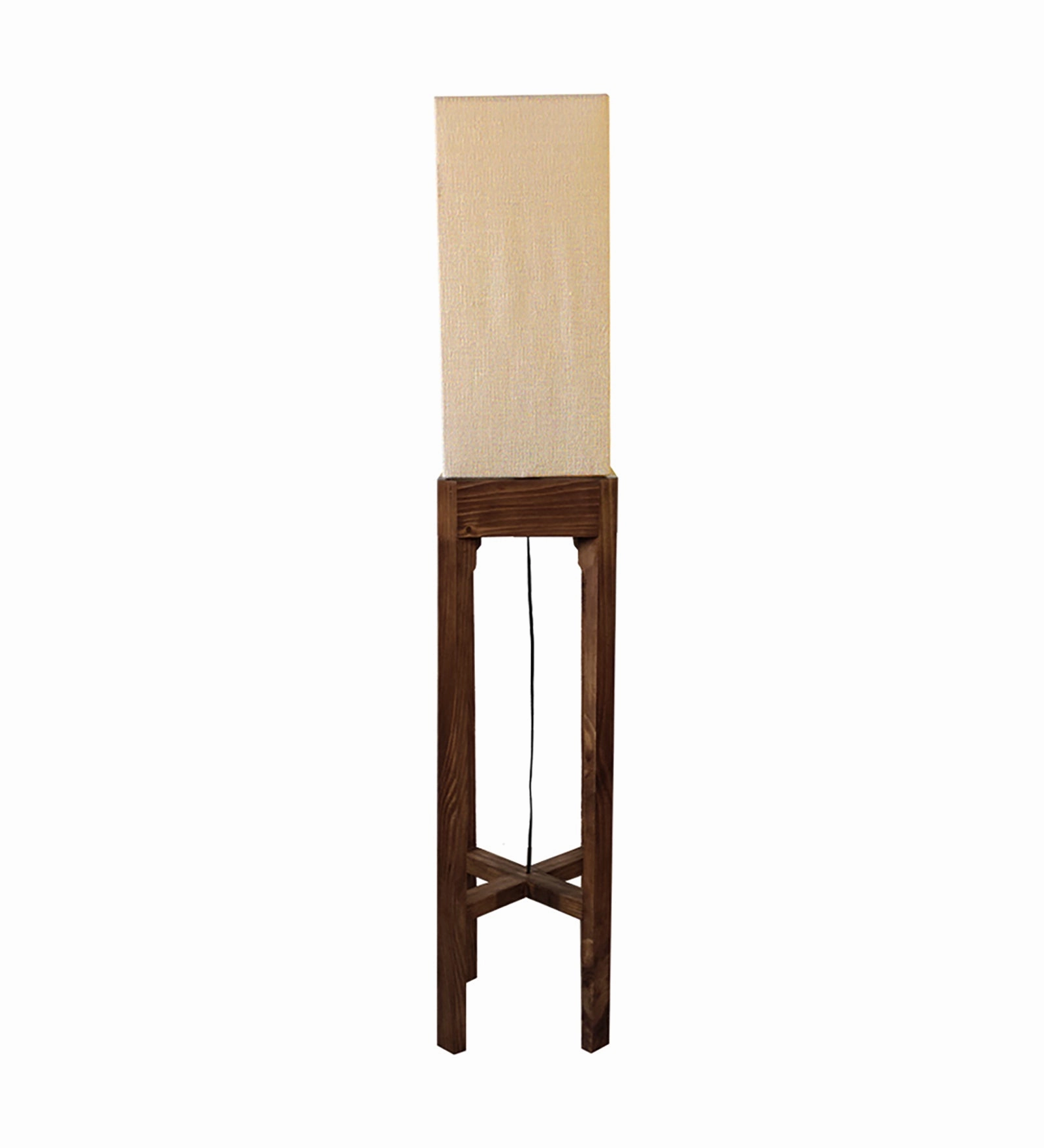 Sputnik Wooden Floor Lamp with Brown Base and Beige Fabric Lampshade