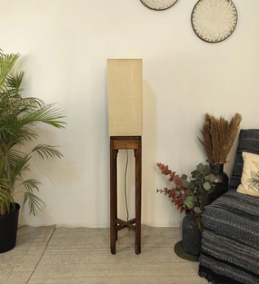 Sputnik Wooden Floor Lamp with Brown Base and Beige Fabric Lampshade garden LED light