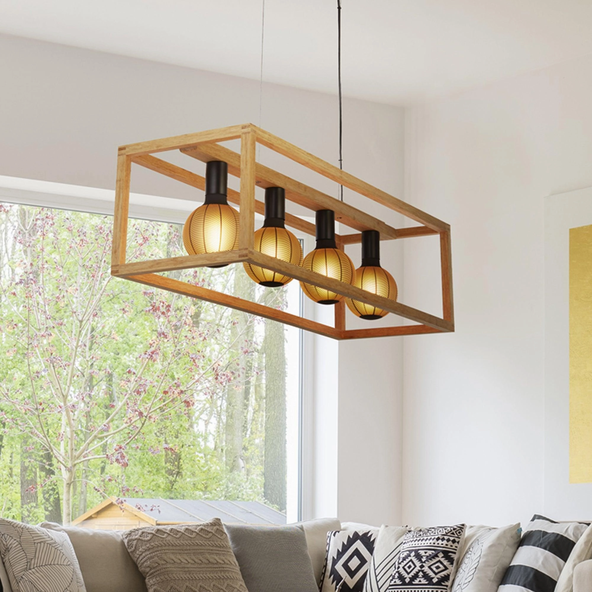 Square Woven Bamboo Wood 4 Light Pendant Searchlight