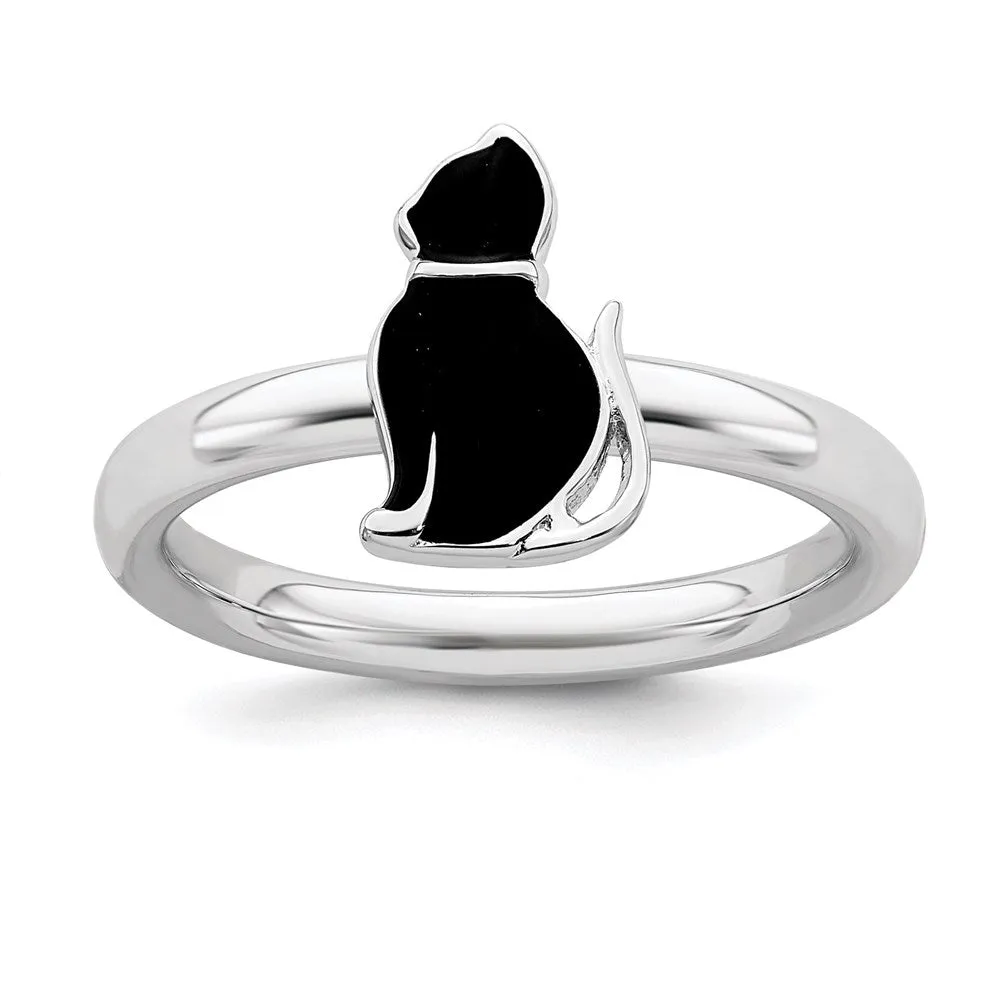 Stackable Expressions Jewelry Sterling Silver Stackable Expressions Black Enameled Cat Ring | QSK558
