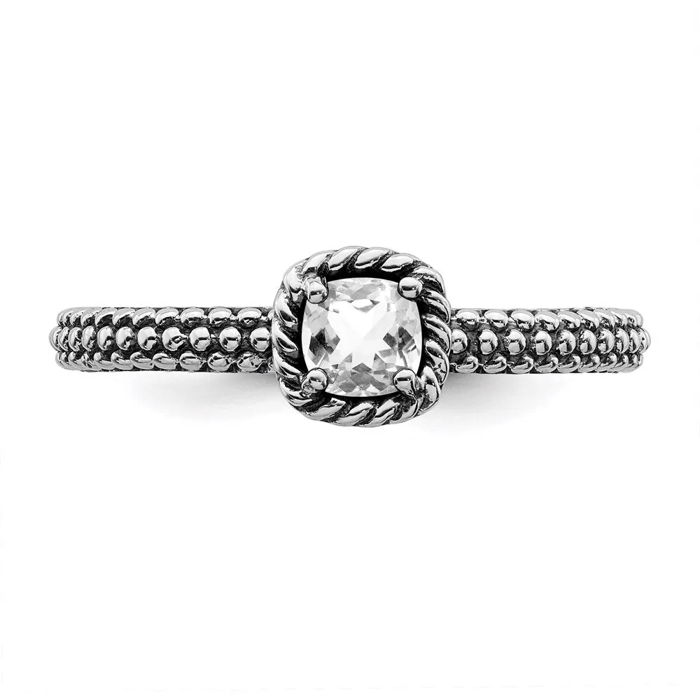 Stackable Expressions Jewelry Sterling Silver Stackable Expressions Checker-cut White Topaz Antiqued Ring | QSK745