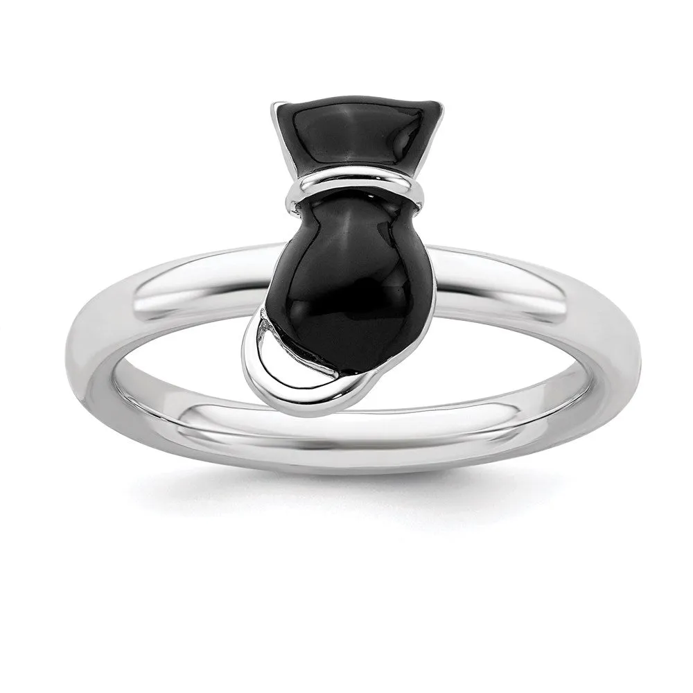 Stackable Expressions Jewelry Sterling Silver Stackable Expressions Polished Black Enameled Cat Ring | QSK127