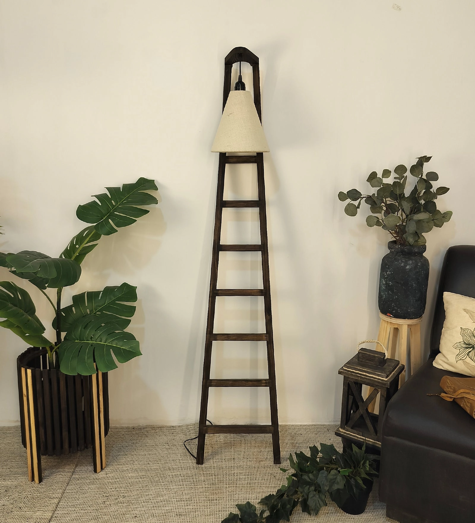 Stairway Wooden Floor Lamp with Brown Base and Jute Fabric Lampshade (BULB NOT INCLUDED) garden LED light