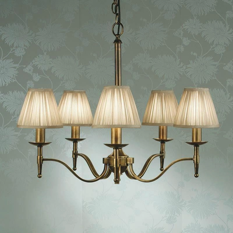 Stanford 5 Light Antique Brass Chandelier - Beige Shades