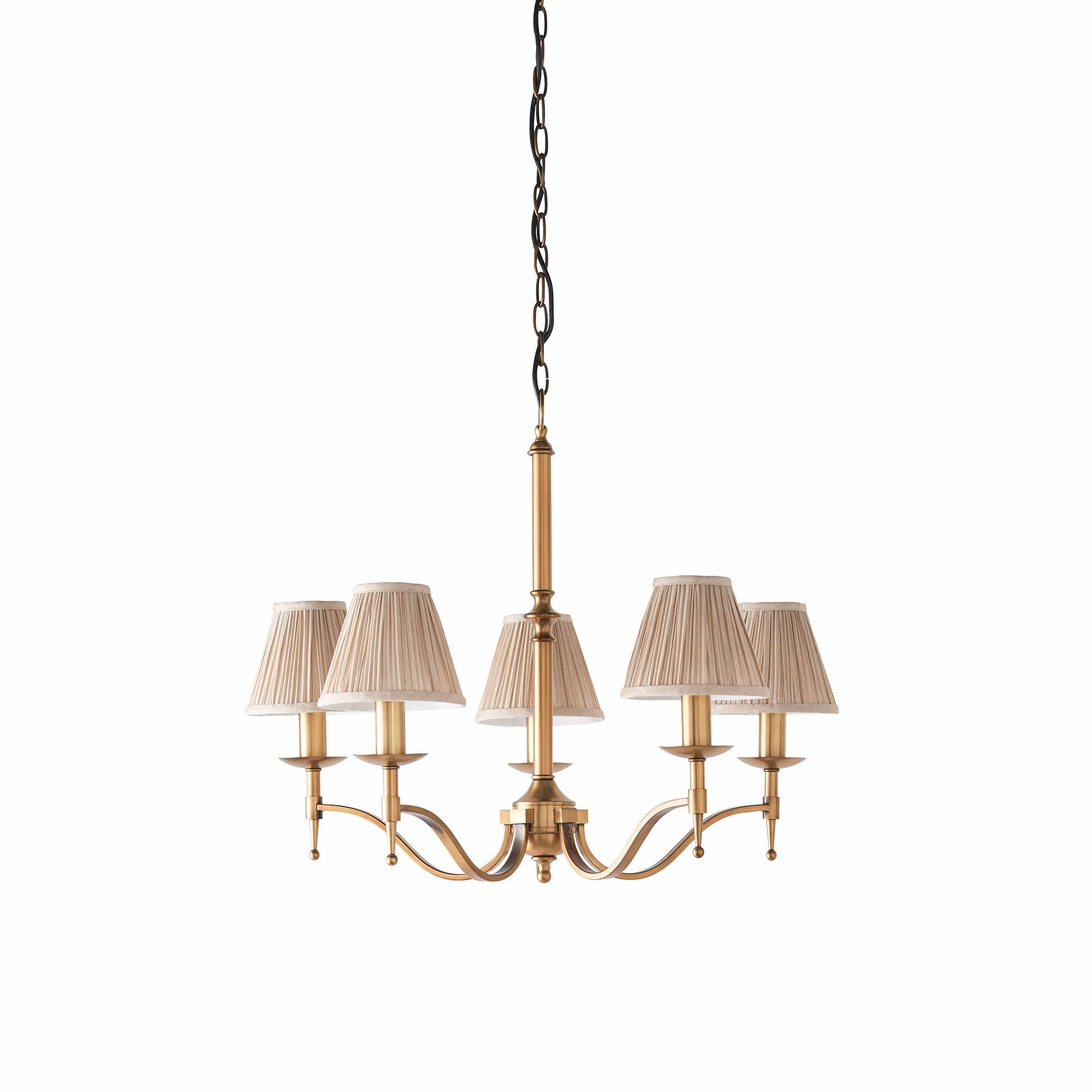 Stanford 5 Light Antique Brass Chandelier - Beige Shades