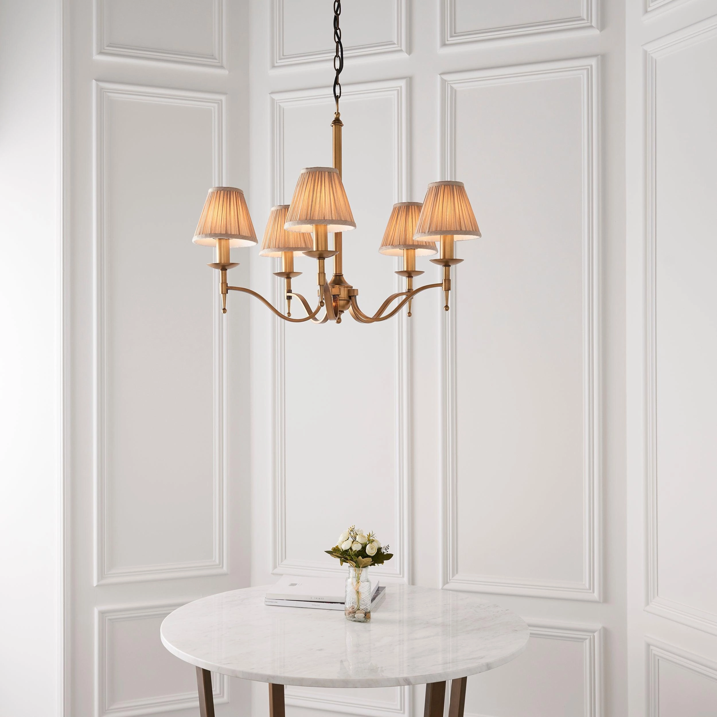 Stanford 5 Light Antique Brass Chandelier - Beige Shades