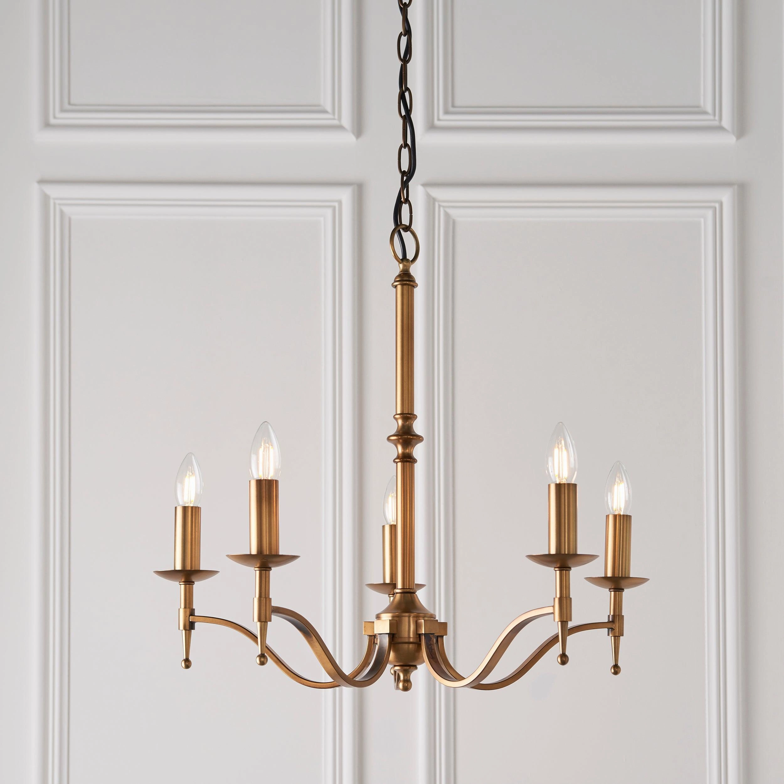 Stanford 5 Light Antique Brass Chandelier - Beige Shades