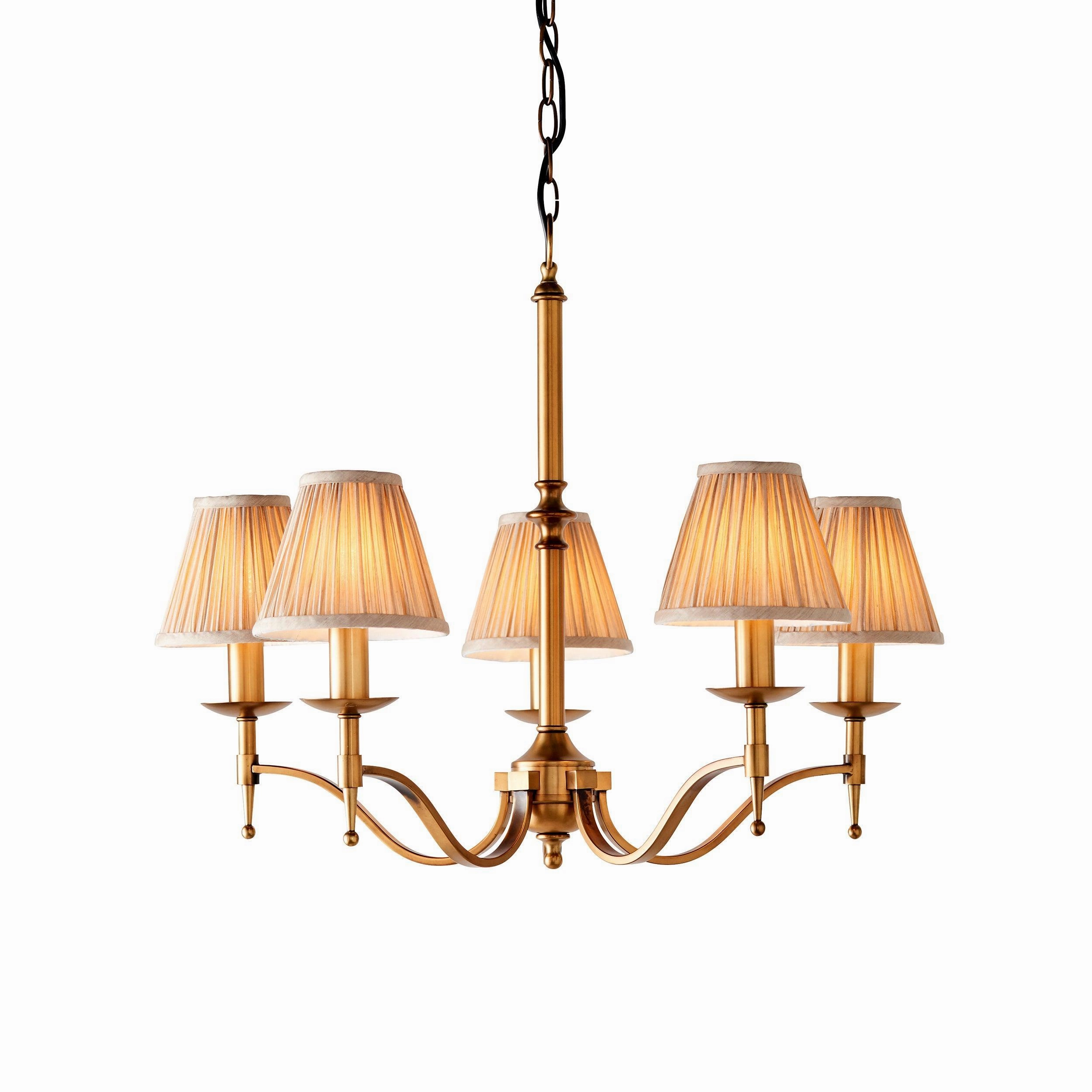 Stanford 5 Light Antique Brass Chandelier - Beige Shades