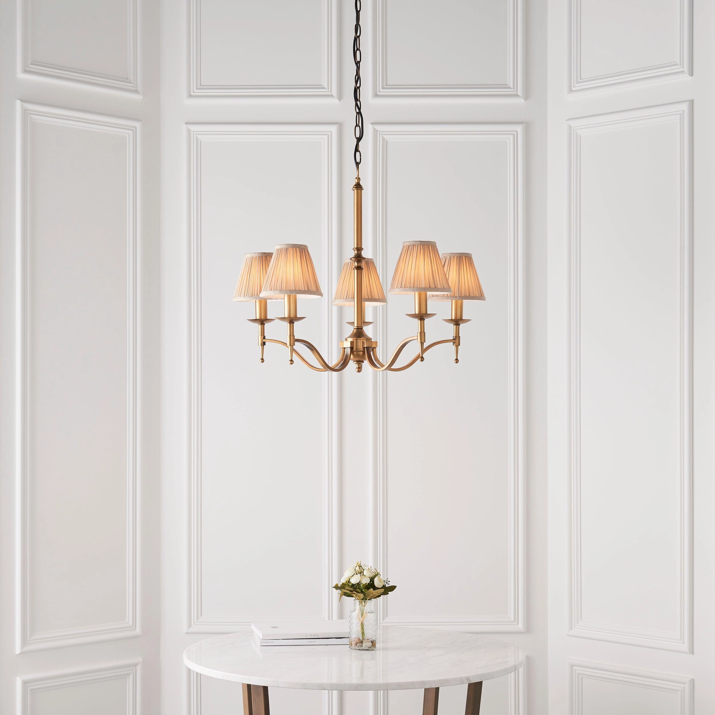 Stanford 5 Light Antique Brass Chandelier - Beige Shades